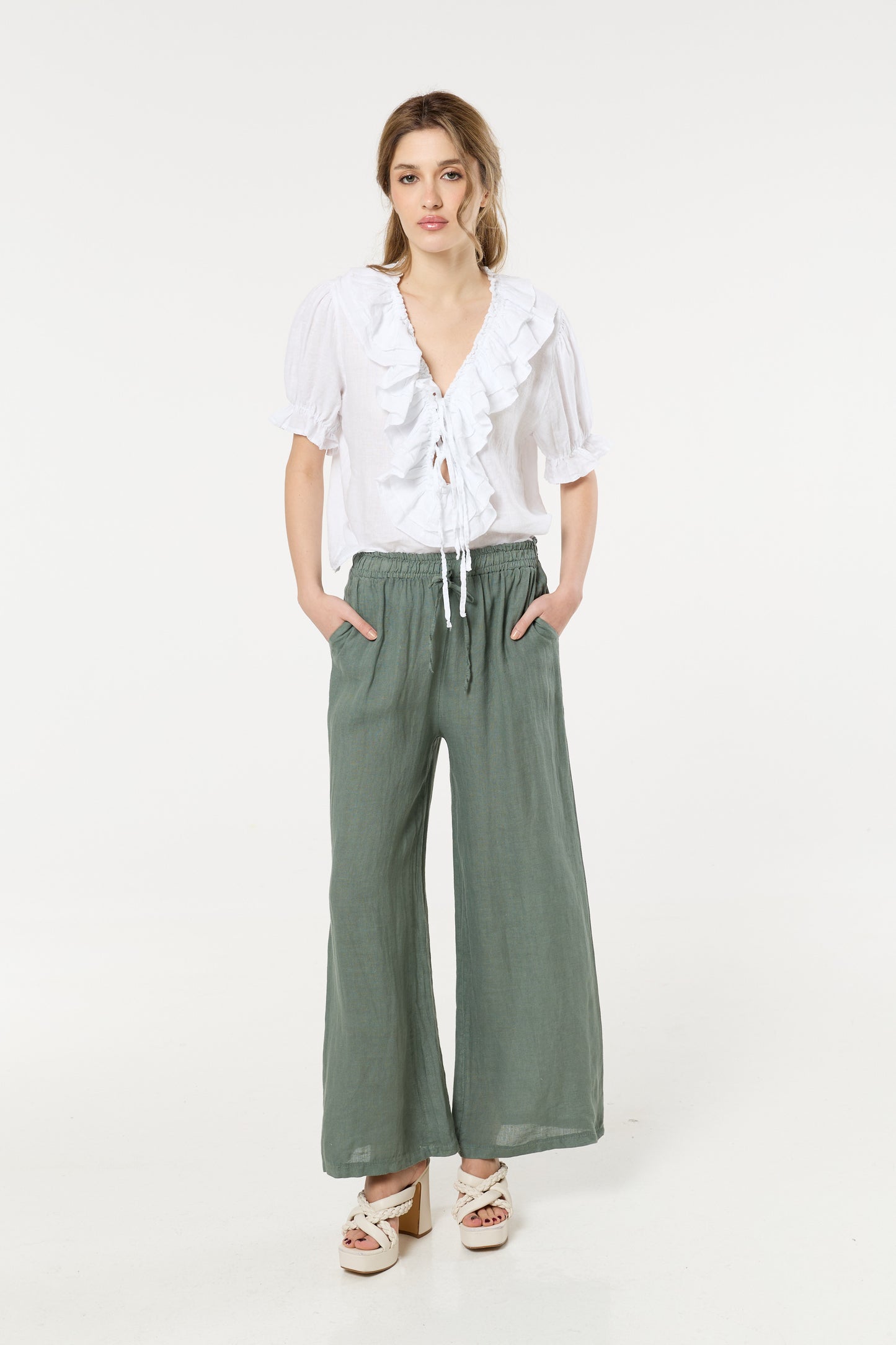 
                  
                    Sage Green Linen Wide Leg Trousers
                  
                