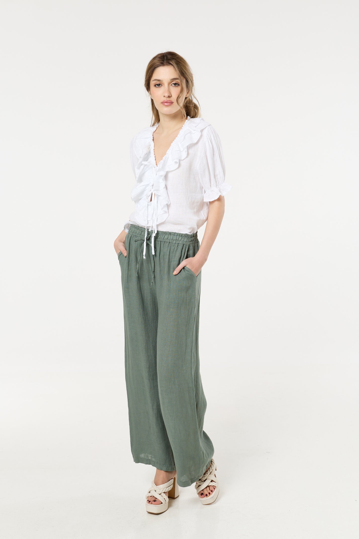 
                  
                    Sage Green Linen Wide Leg Trousers
                  
                