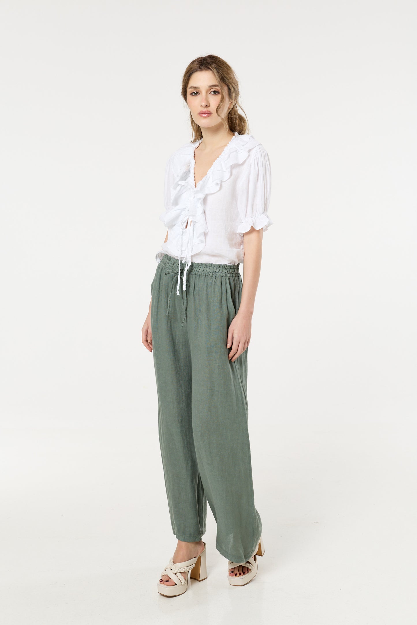 
                  
                    Sage Green Linen Wide Leg Trousers
                  
                