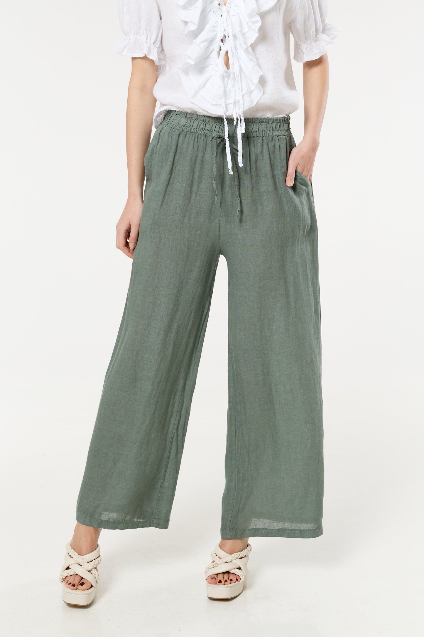 
                  
                    Sage Green Linen Wide Leg Trousers
                  
                