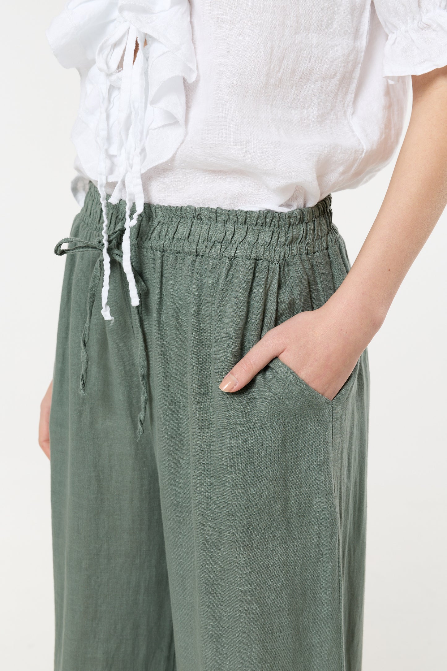 
                  
                    Sage Green Linen Wide Leg Trousers
                  
                
