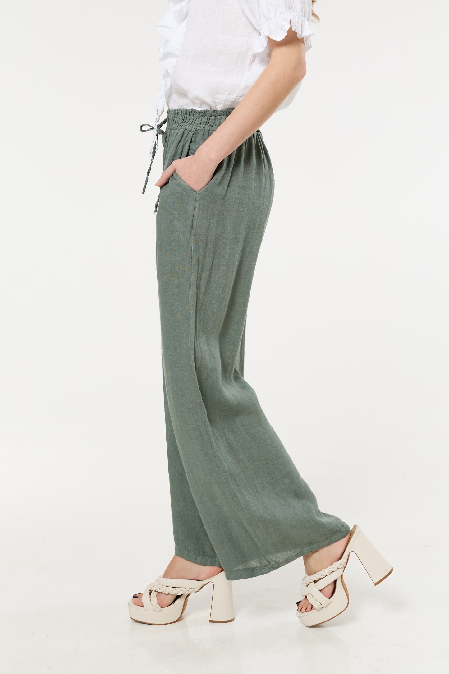 
                  
                    Sage Green Linen Wide Leg Trousers
                  
                