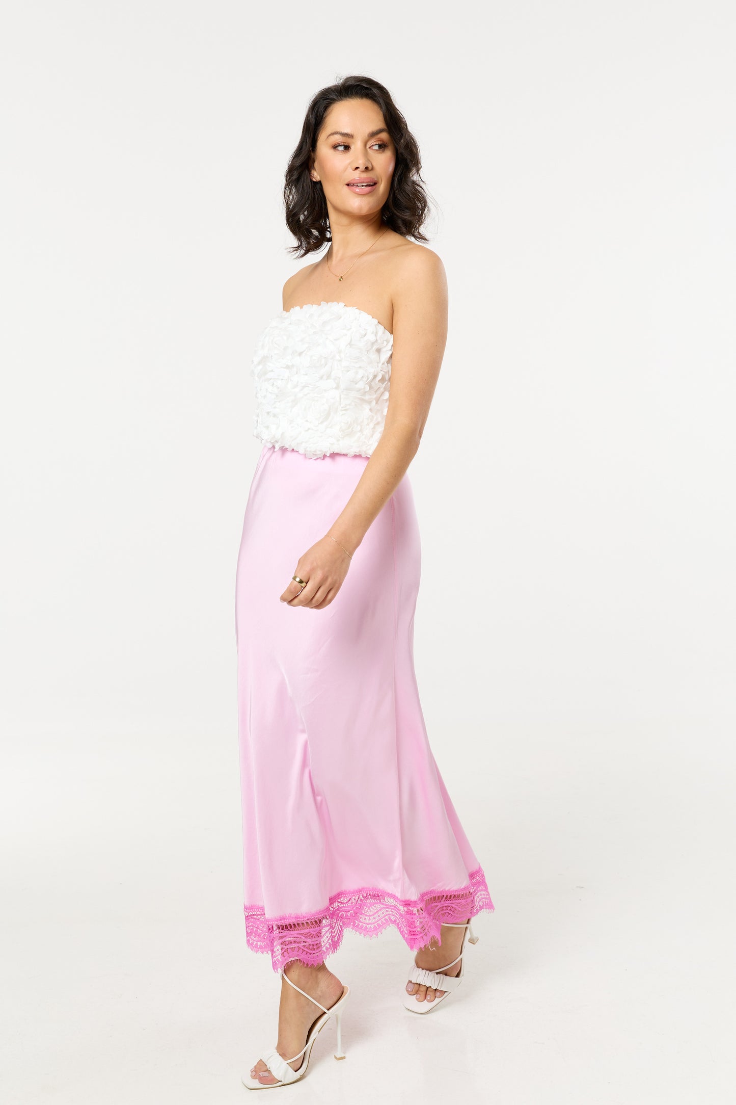 
                  
                    Pink Lace Trim Satin Maxi Skirt
                  
                