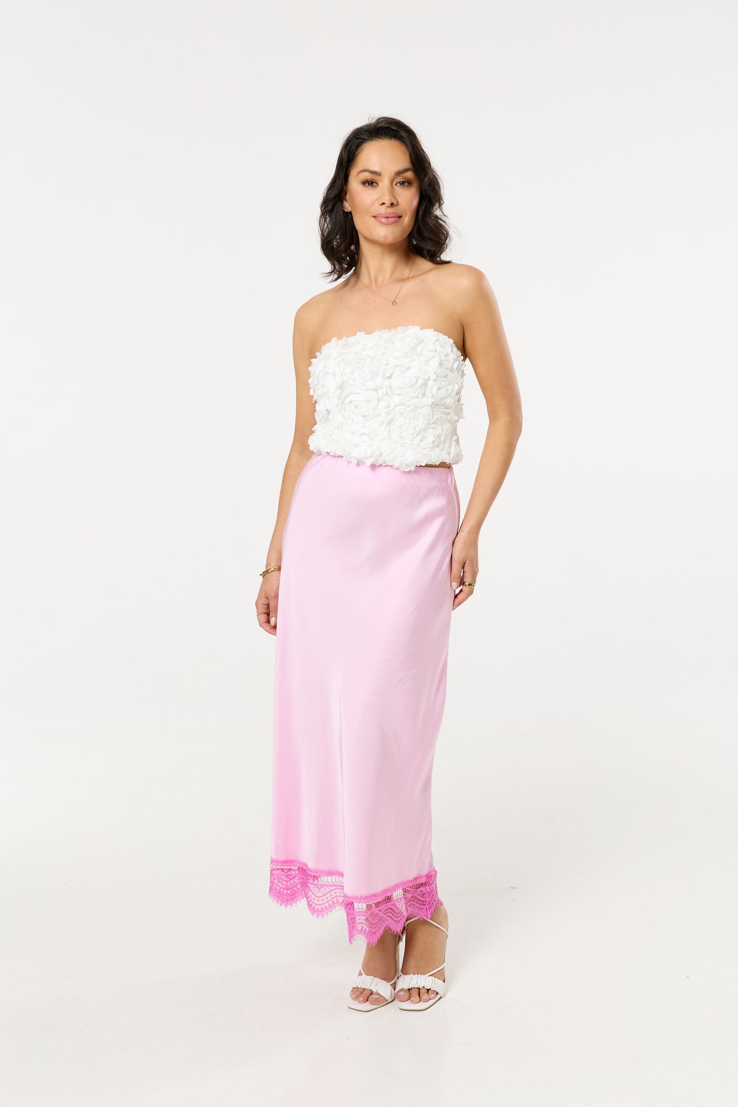 
                  
                    Pink Lace Trim Satin Maxi Skirt
                  
                