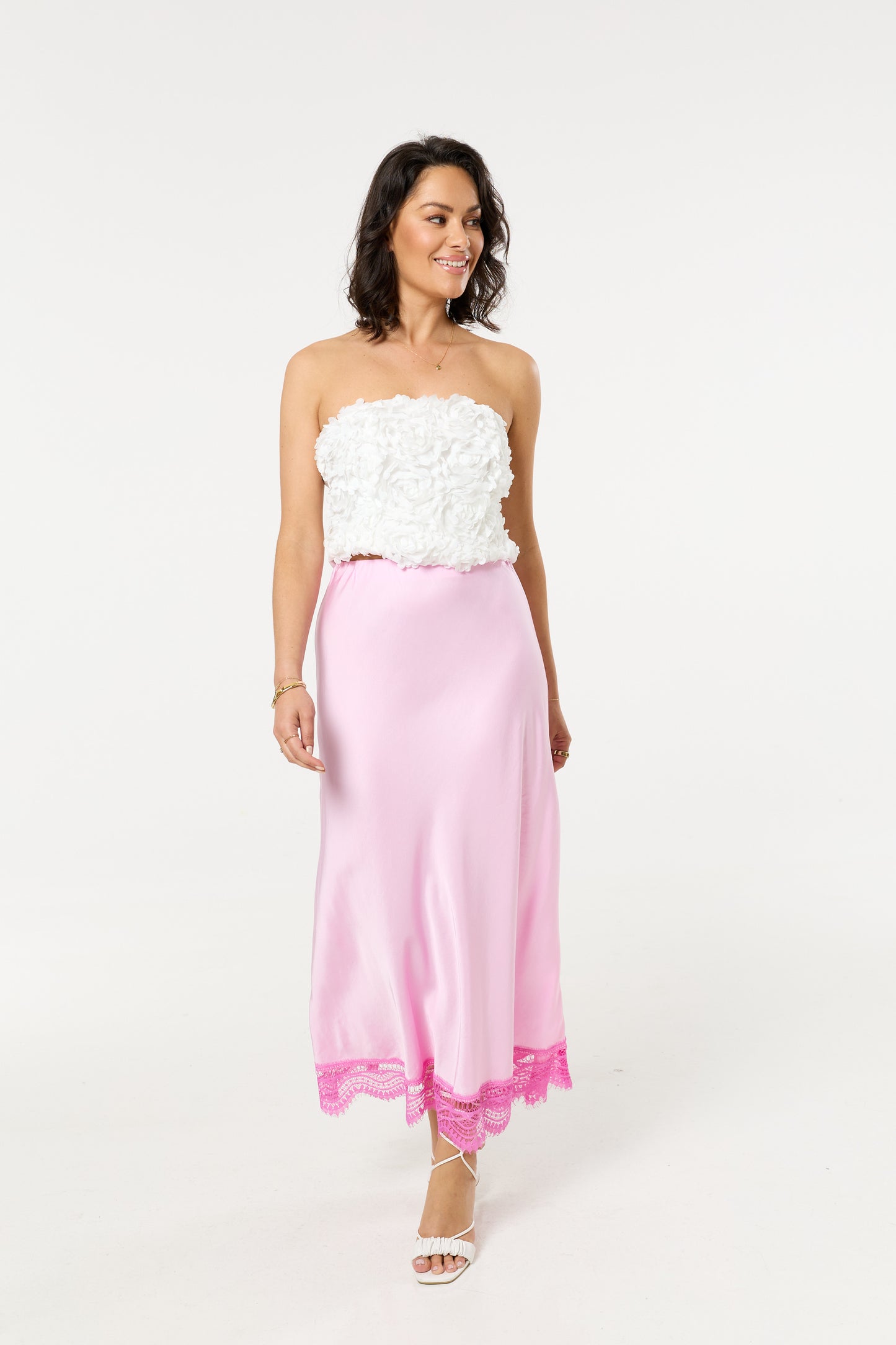
                  
                    Pink Lace Trim Satin Maxi Skirt
                  
                