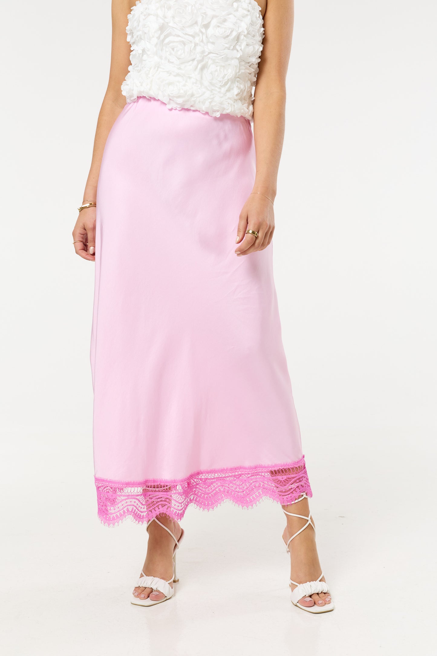 
                  
                    Pink Lace Trim Satin Maxi Skirt
                  
                