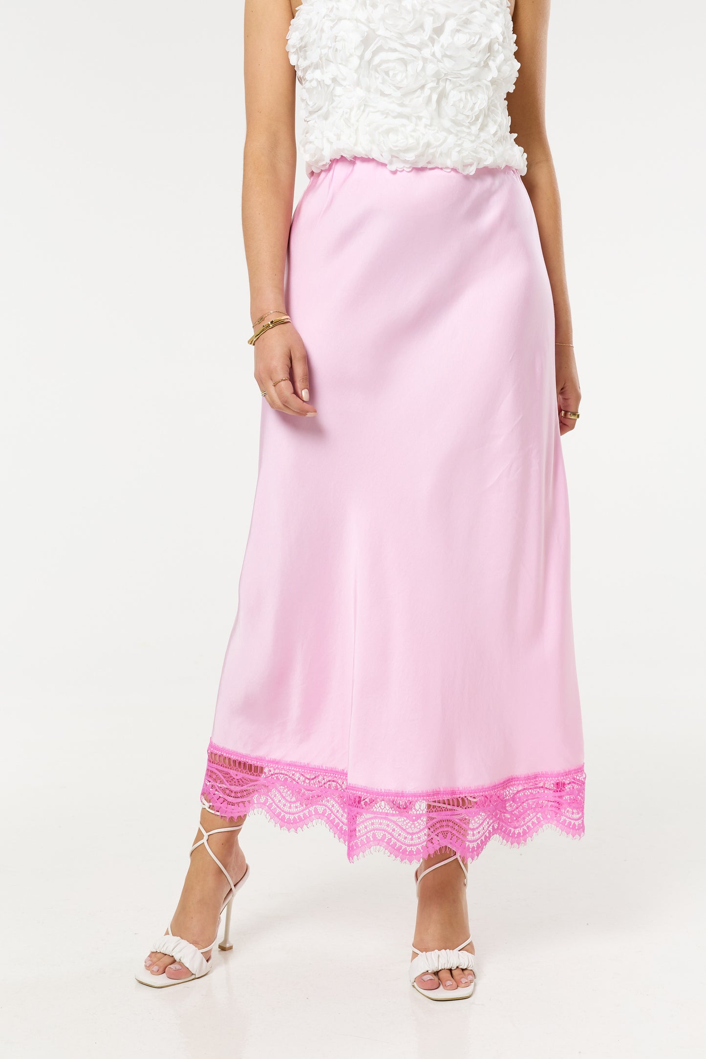 
                  
                    Pink Lace Trim Satin Maxi Skirt
                  
                