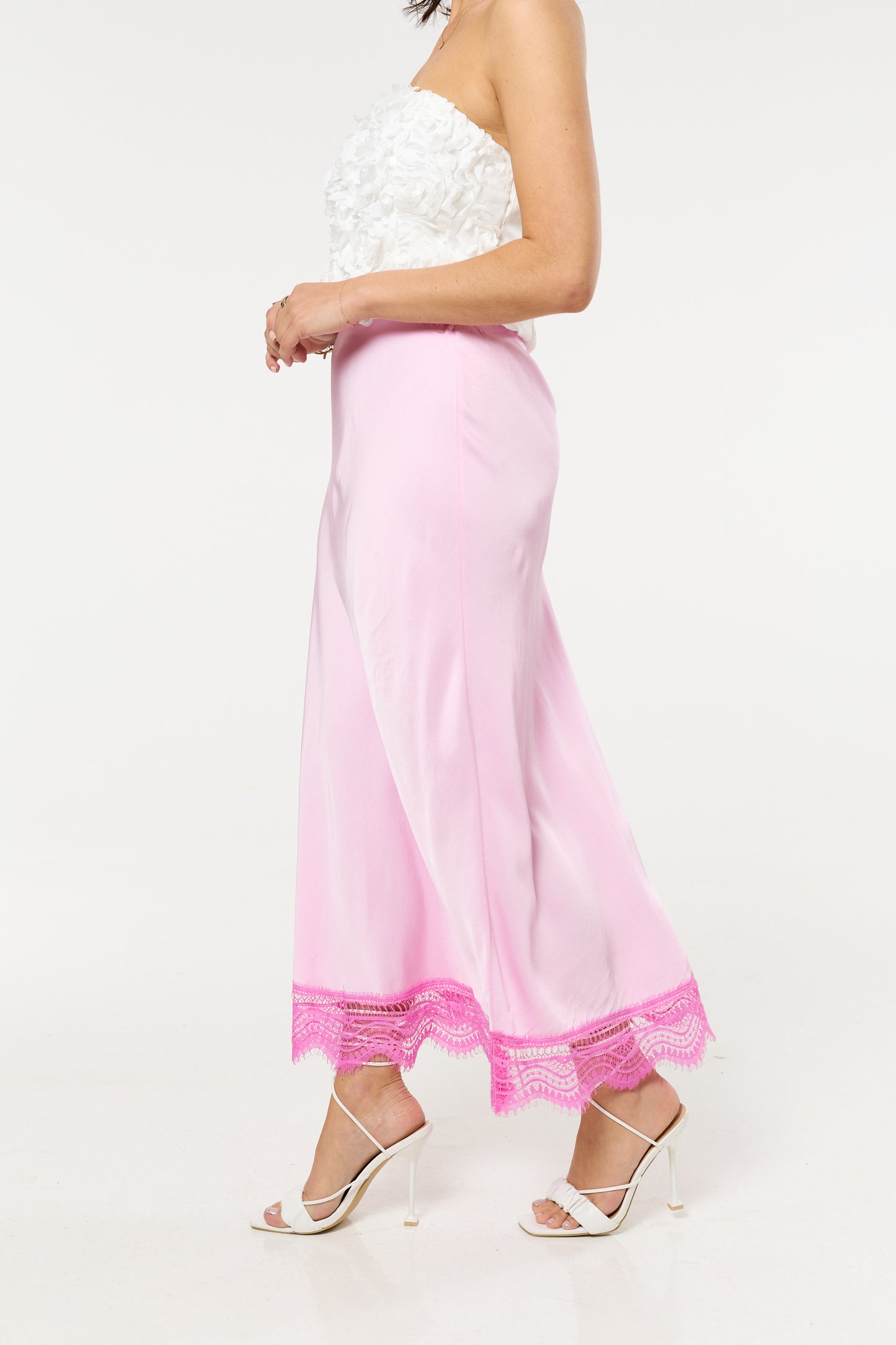 
                  
                    Pink Lace Trim Satin Maxi Skirt
                  
                