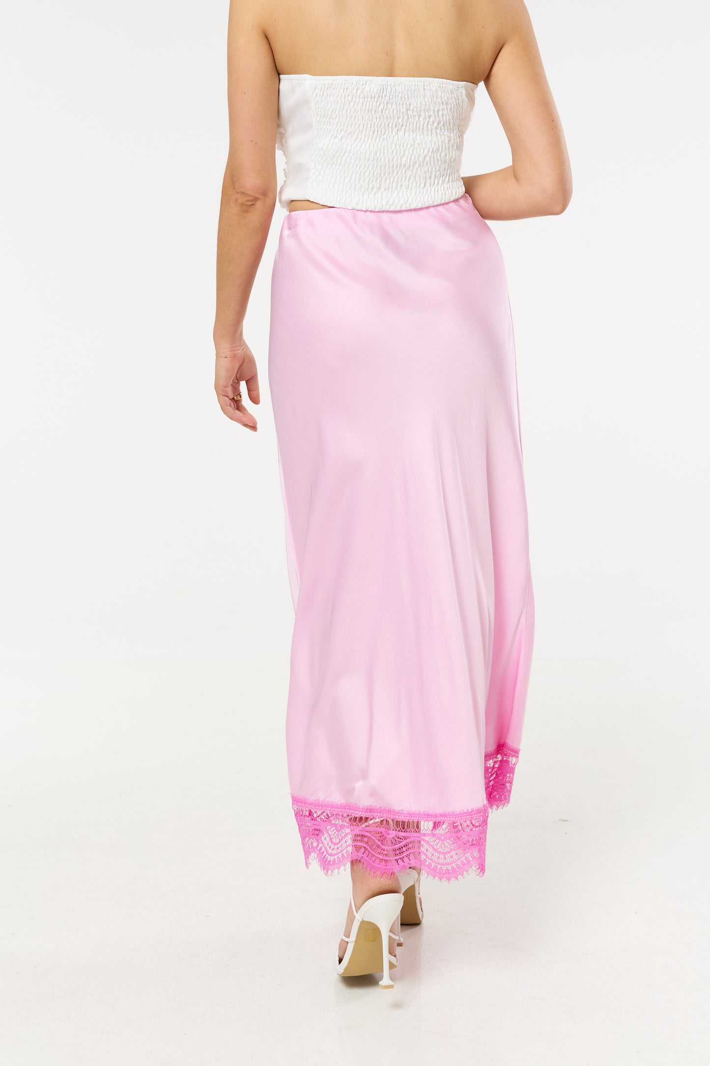 
                  
                    Pink Lace Trim Satin Maxi Skirt
                  
                