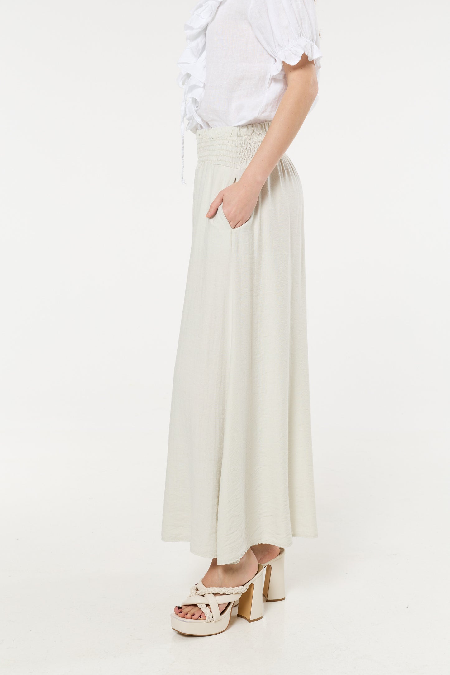 
                  
                    Cream Smocked Wide Leg Trousers
                  
                