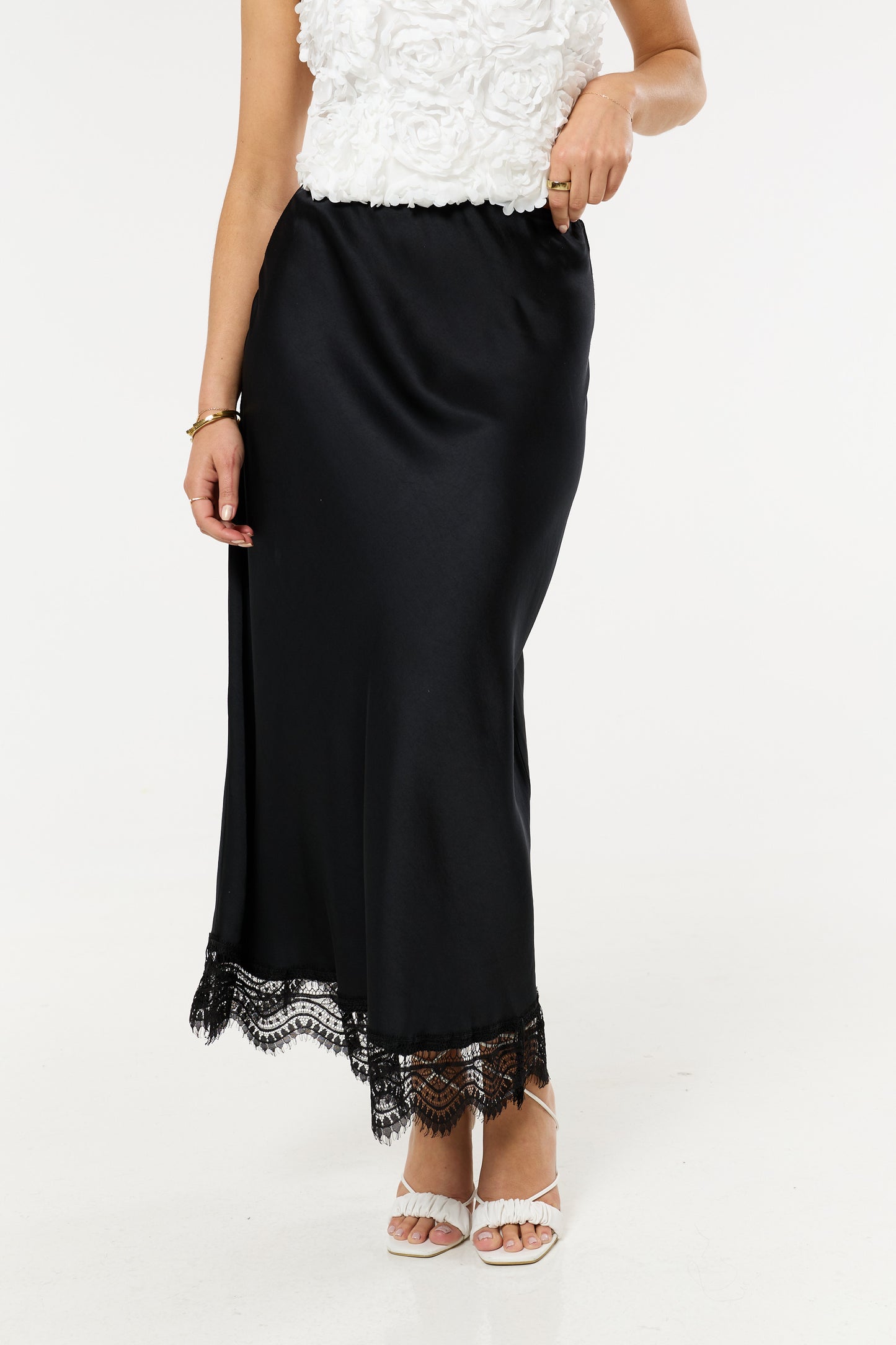 
                  
                    Black Lace Trim Satin Maxi Skirt
                  
                