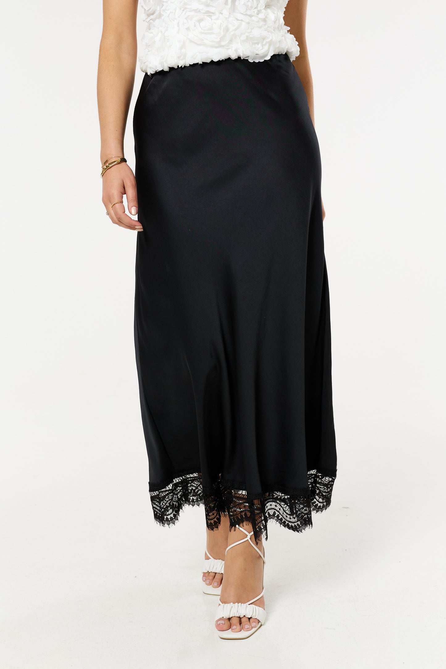 
                  
                    Black Lace Trim Satin Maxi Skirt
                  
                