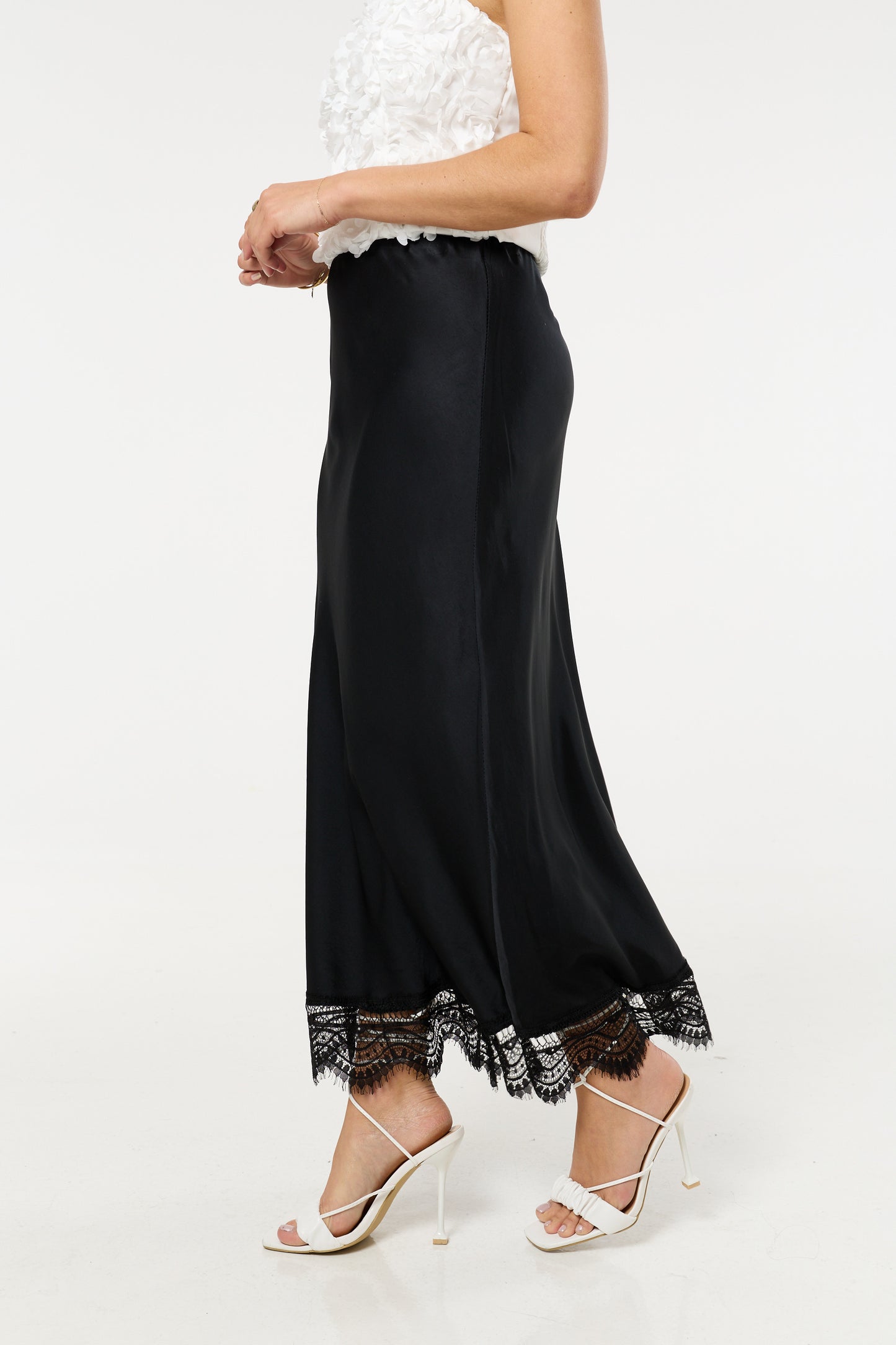 
                  
                    Black Lace Trim Satin Maxi Skirt
                  
                