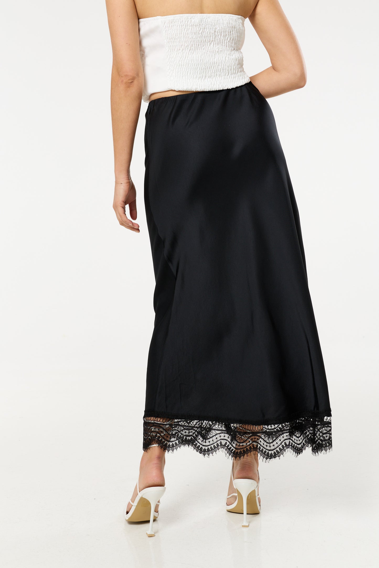 
                  
                    Black Lace Trim Satin Maxi Skirt
                  
                