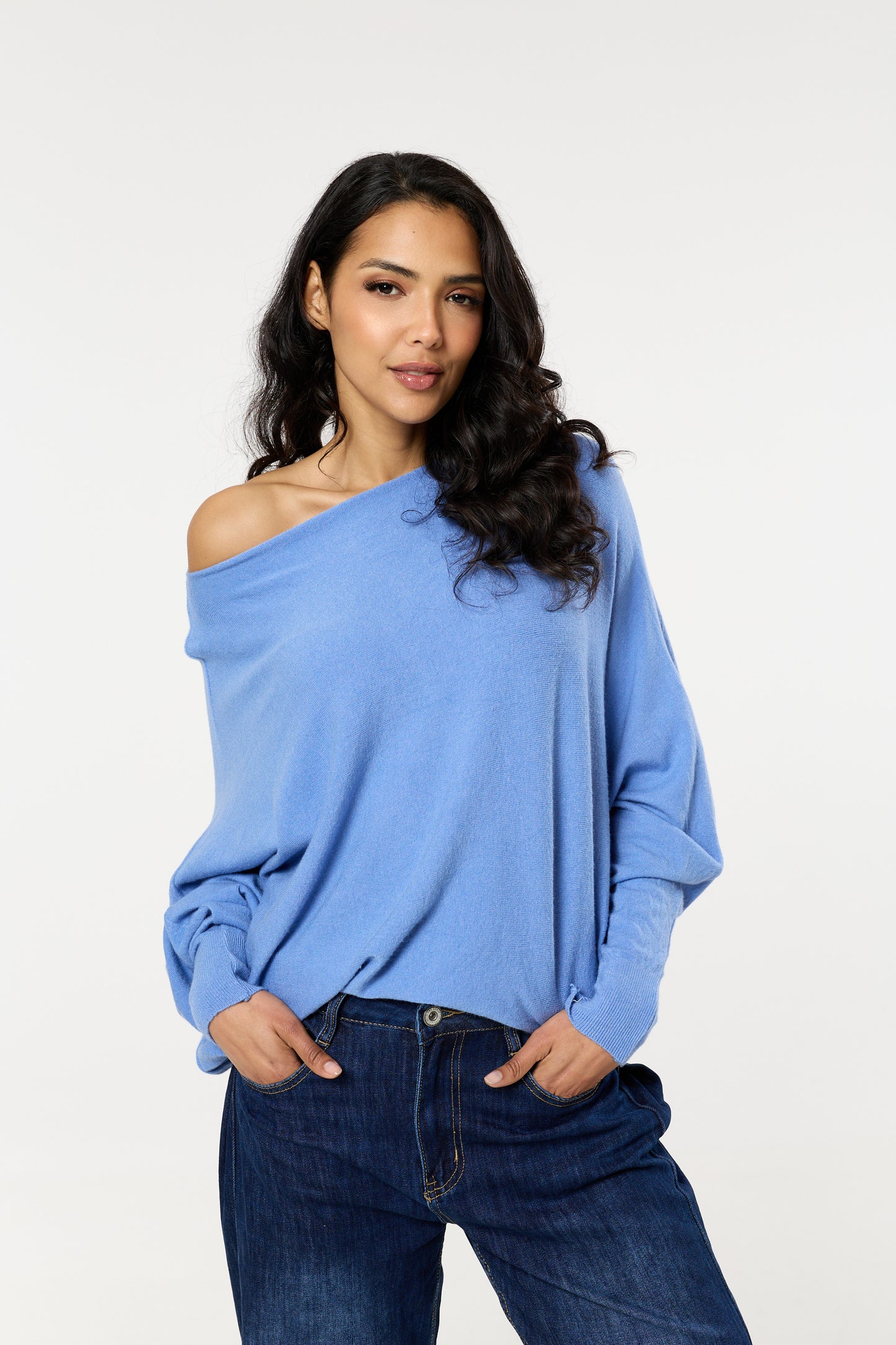 
                  
                    Blue Wool Blend Off Shoulder Batwing Knit Jumper
                  
                