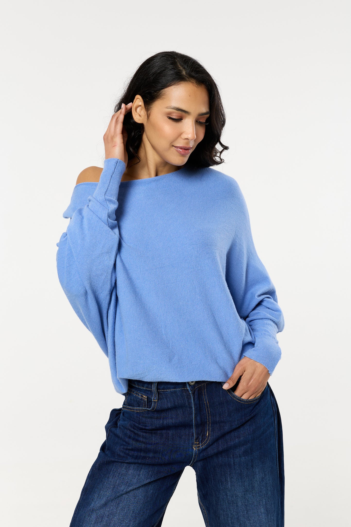 
                  
                    Blue Wool Blend Off Shoulder Batwing Knit Jumper
                  
                