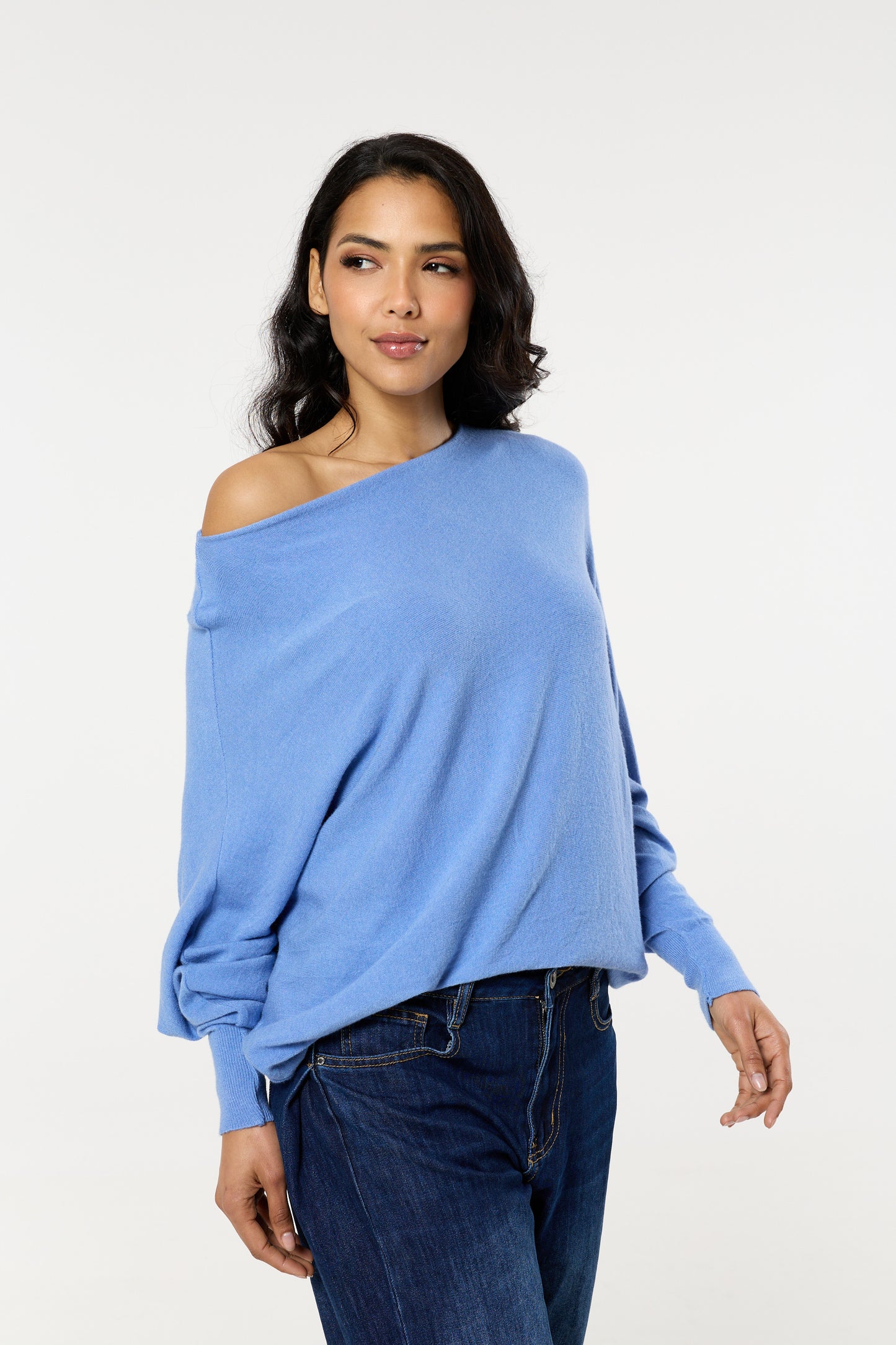 
                  
                    Blue Wool Blend Off Shoulder Batwing Knit Jumper
                  
                
