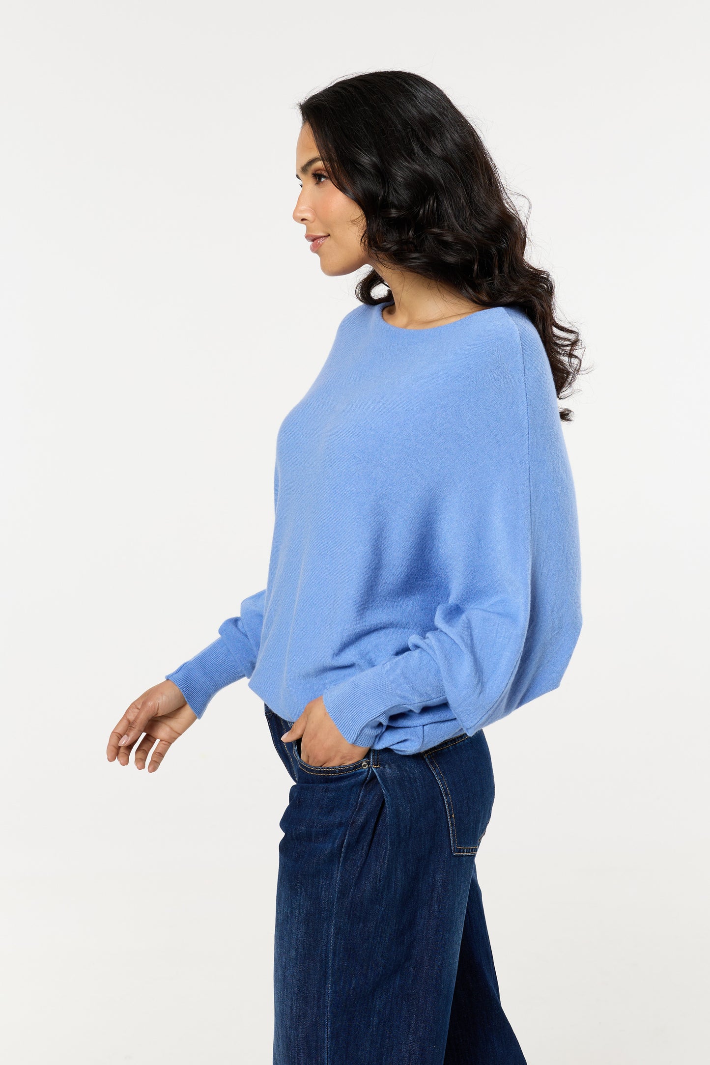 
                  
                    Blue Wool Blend Off Shoulder Batwing Knit Jumper
                  
                