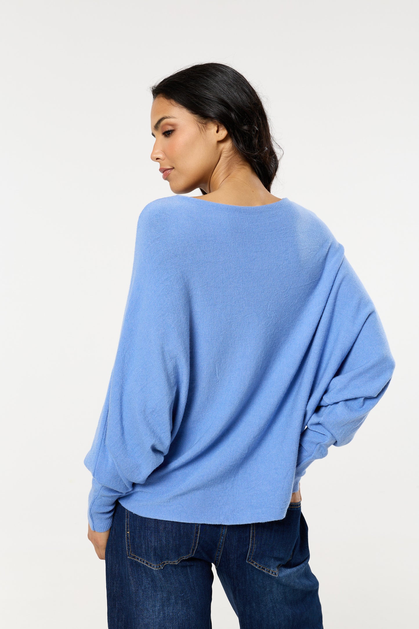
                  
                    Blue Wool Blend Off Shoulder Batwing Knit Jumper
                  
                