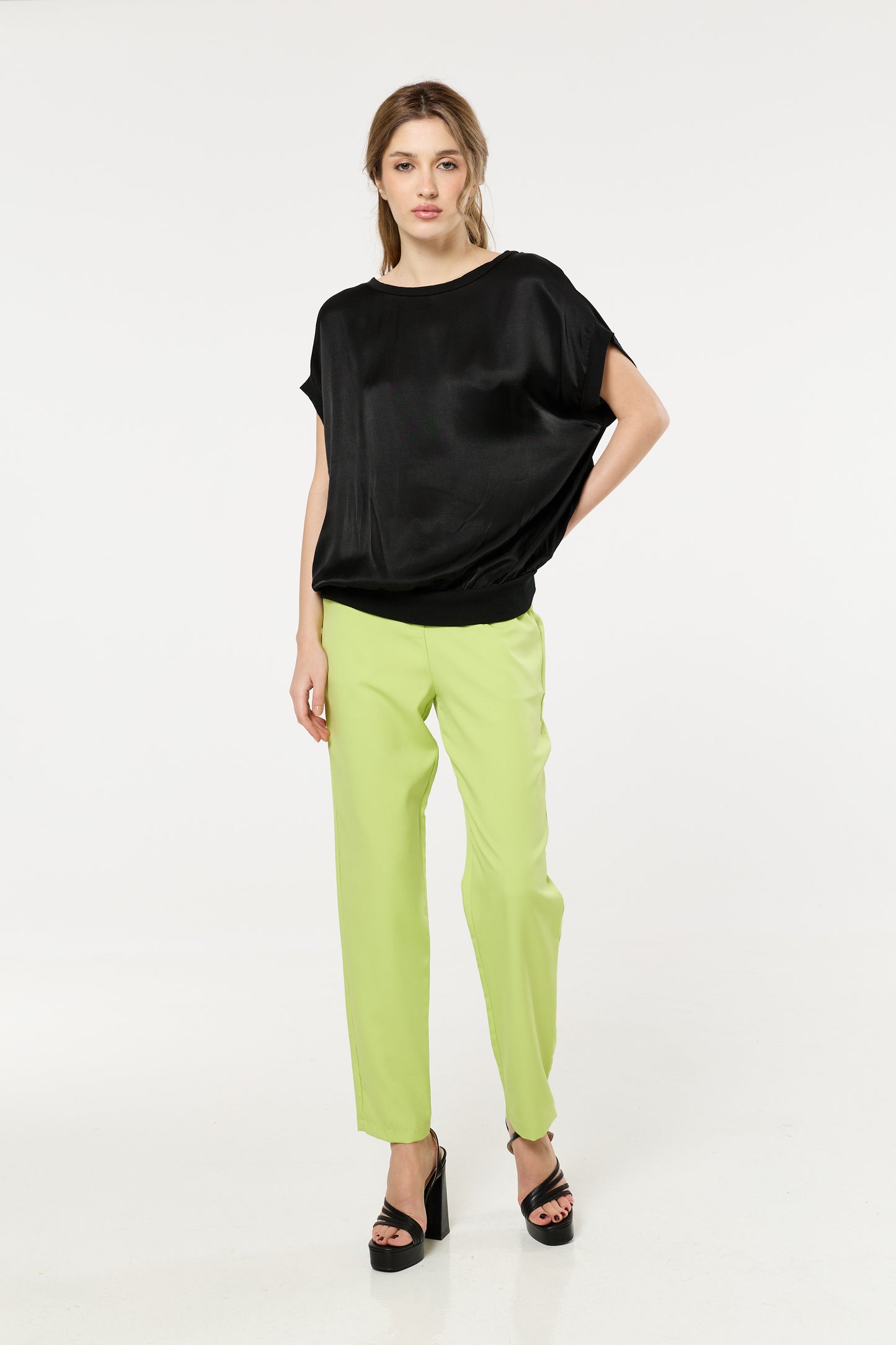 
                  
                    Black Satin Short Sleeve Blouson Top
                  
                