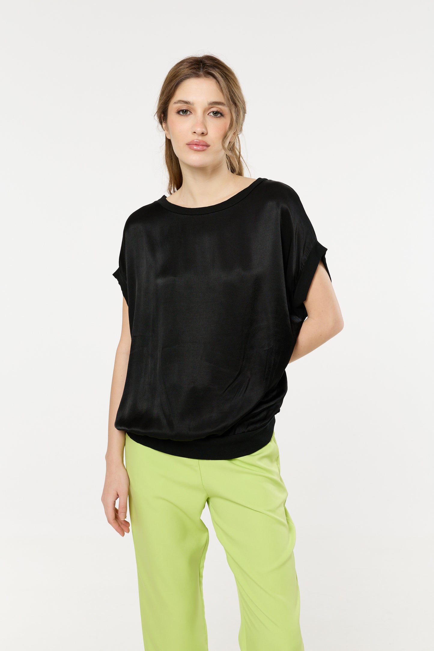 
                  
                    Black Satin Short Sleeve Blouson Top
                  
                