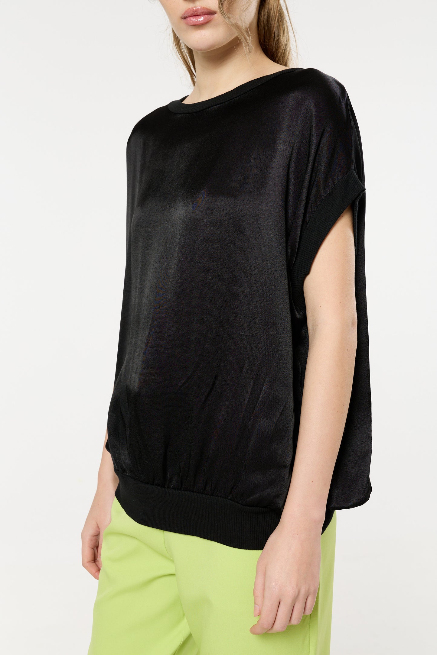 
                  
                    Black Satin Short Sleeve Blouson Top
                  
                