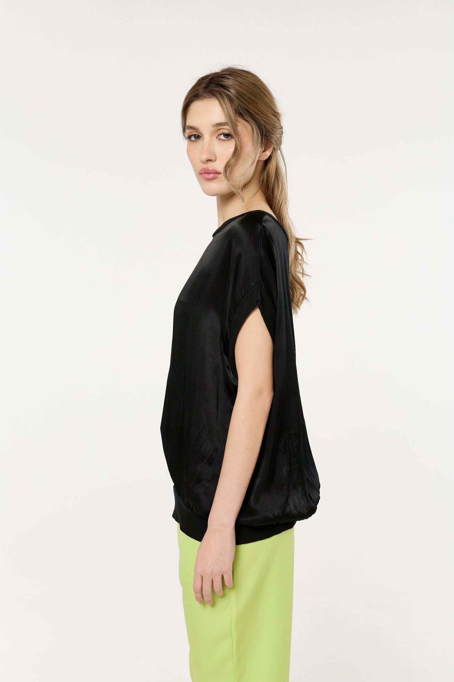 
                  
                    Black Satin Short Sleeve Blouson Top
                  
                