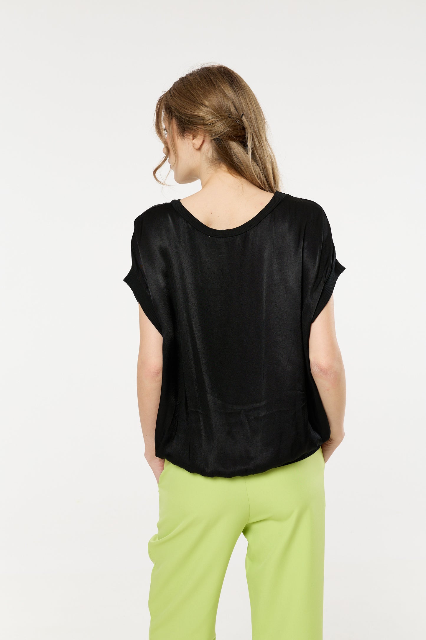 
                  
                    Black Satin Short Sleeve Blouson Top
                  
                