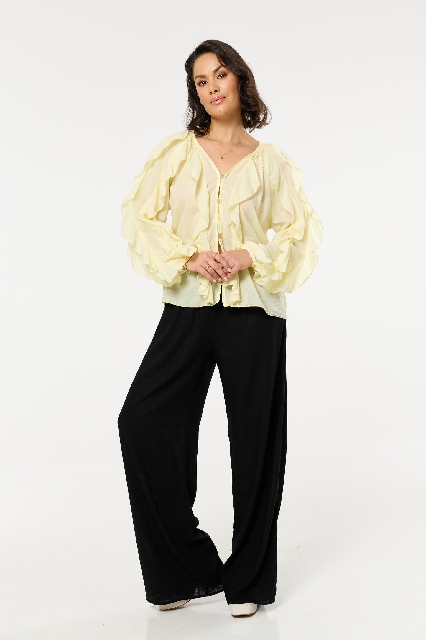 
                  
                    Yellow Ruffle Button Down Cotton Blouse
                  
                