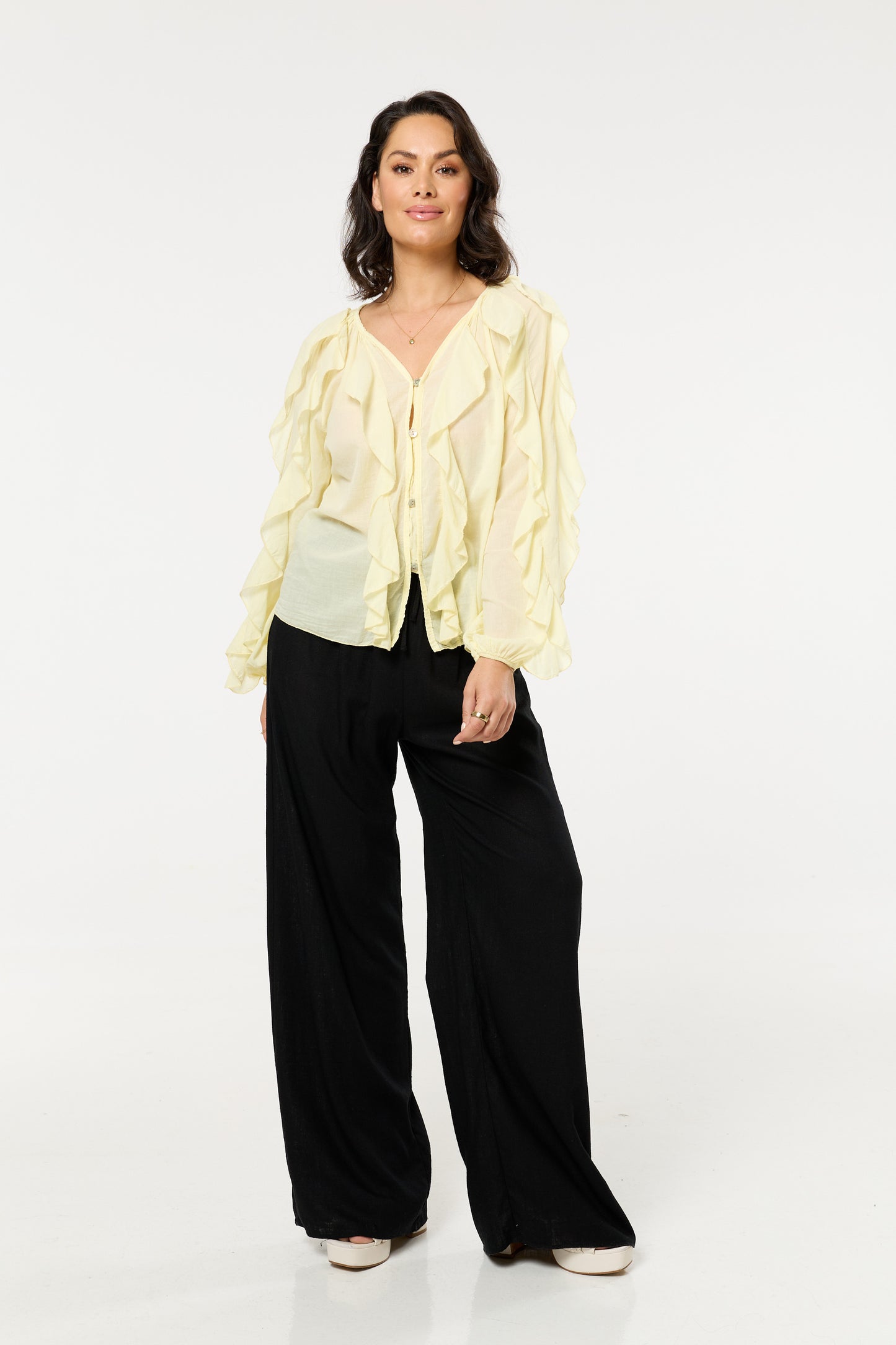 
                  
                    Yellow Ruffle Button Down Cotton Blouse
                  
                