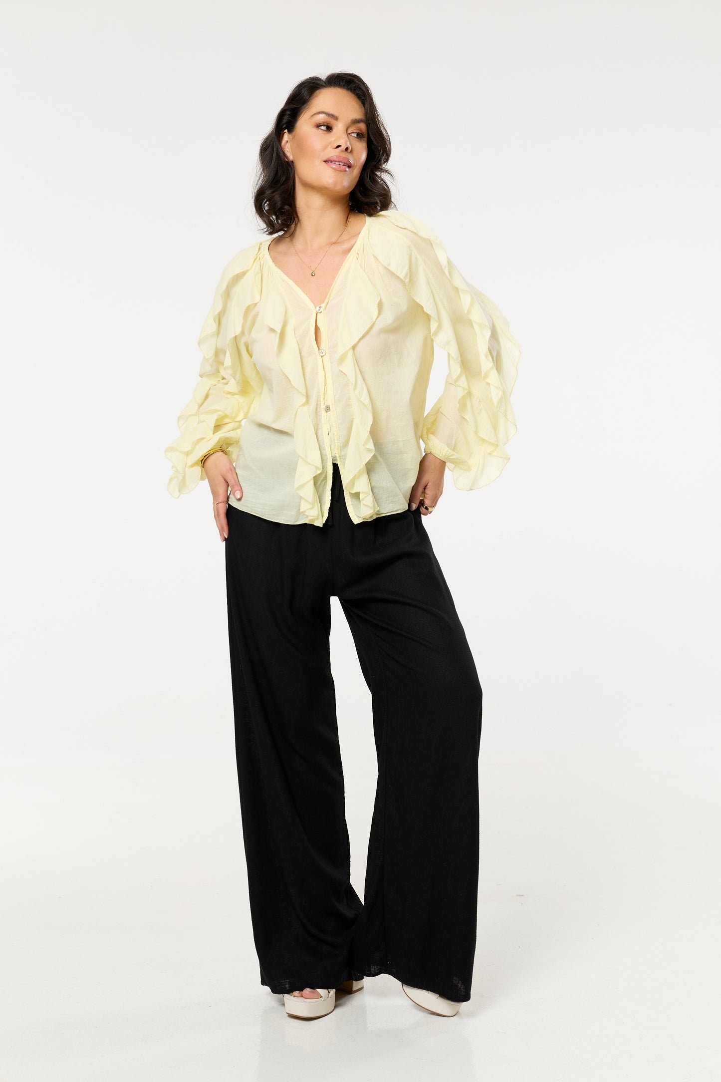 
                  
                    Yellow Ruffle Button Down Cotton Blouse
                  
                