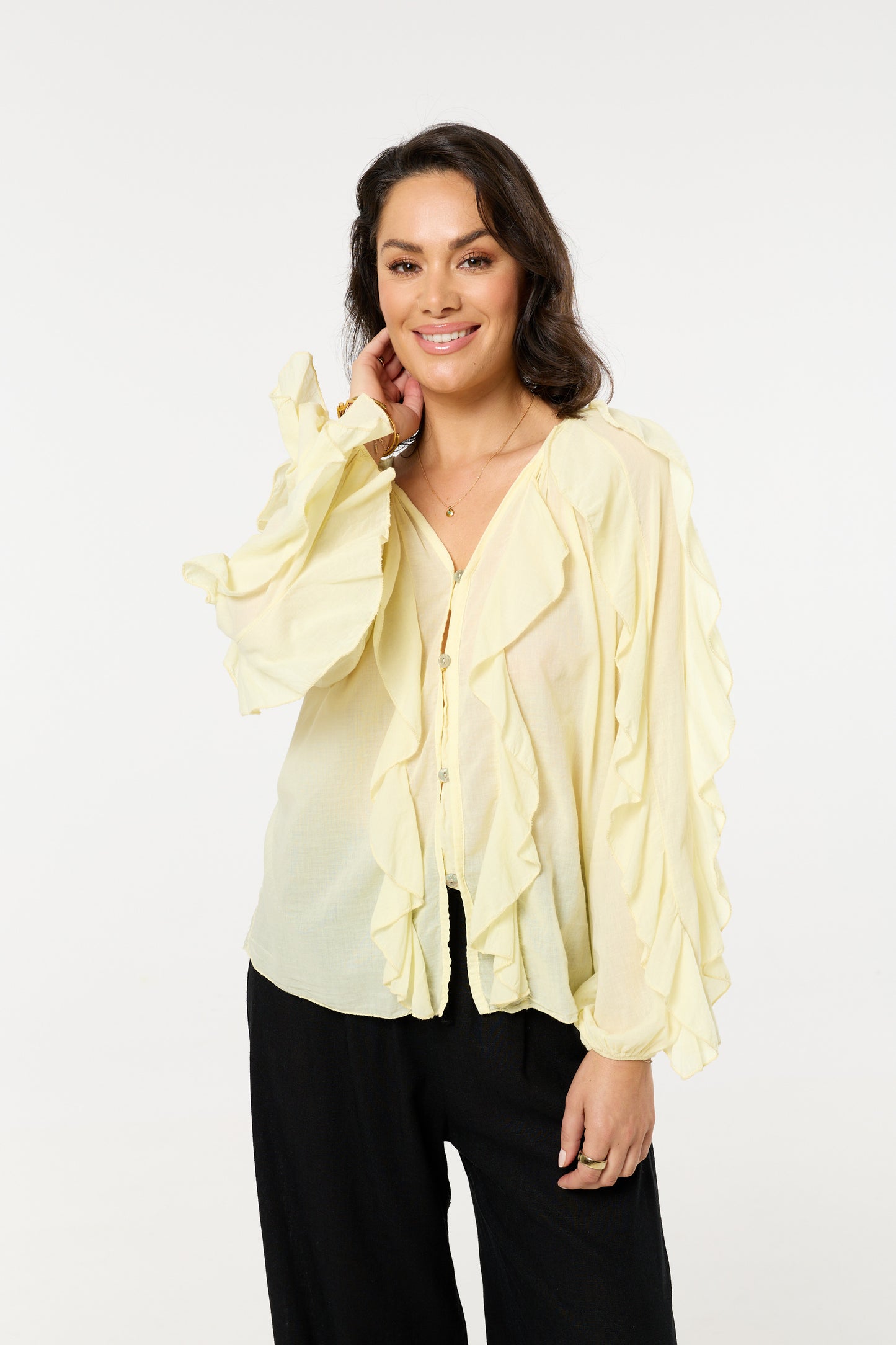 
                  
                    Yellow Ruffle Button Down Cotton Blouse
                  
                