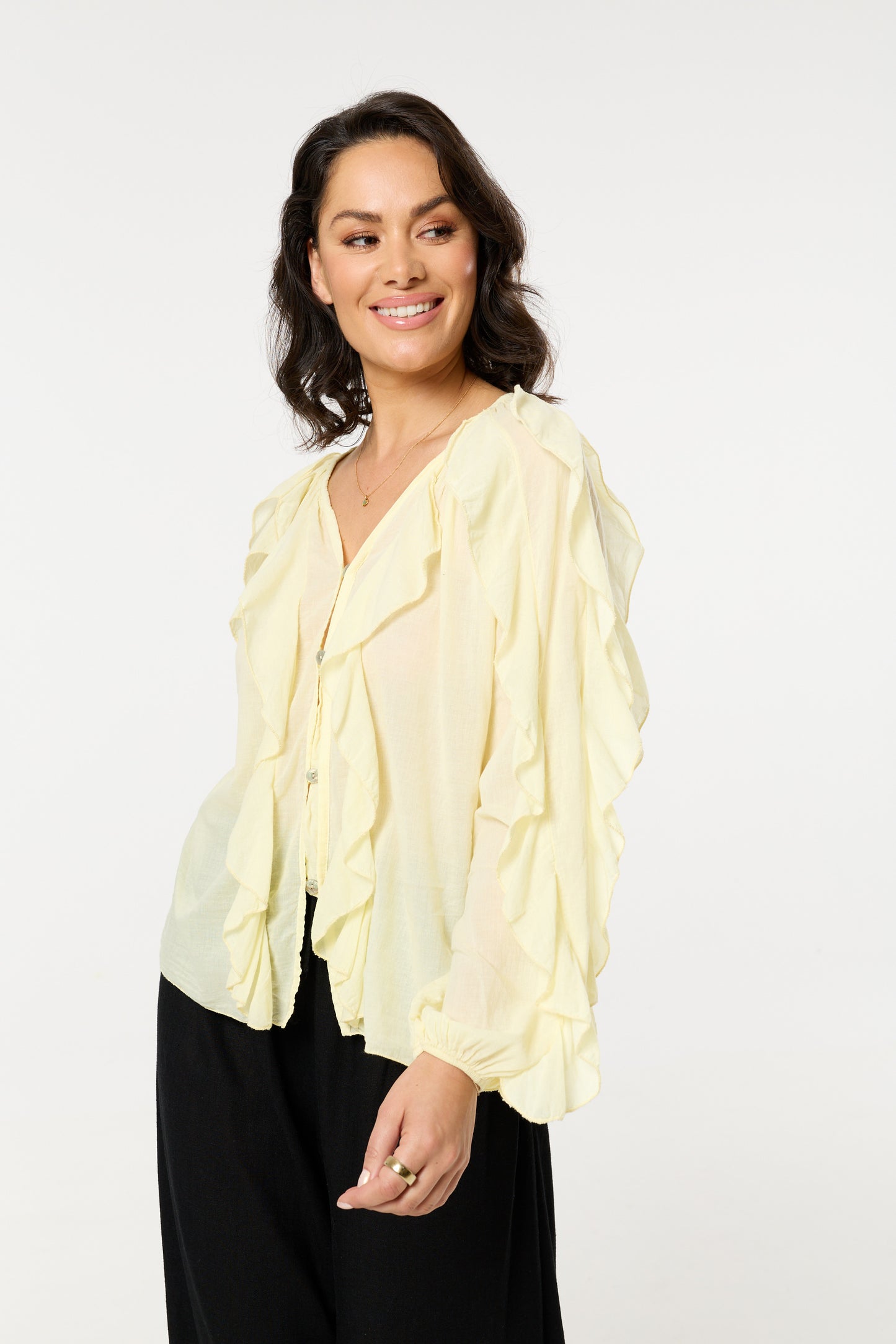 
                  
                    Yellow Ruffle Button Down Cotton Blouse
                  
                