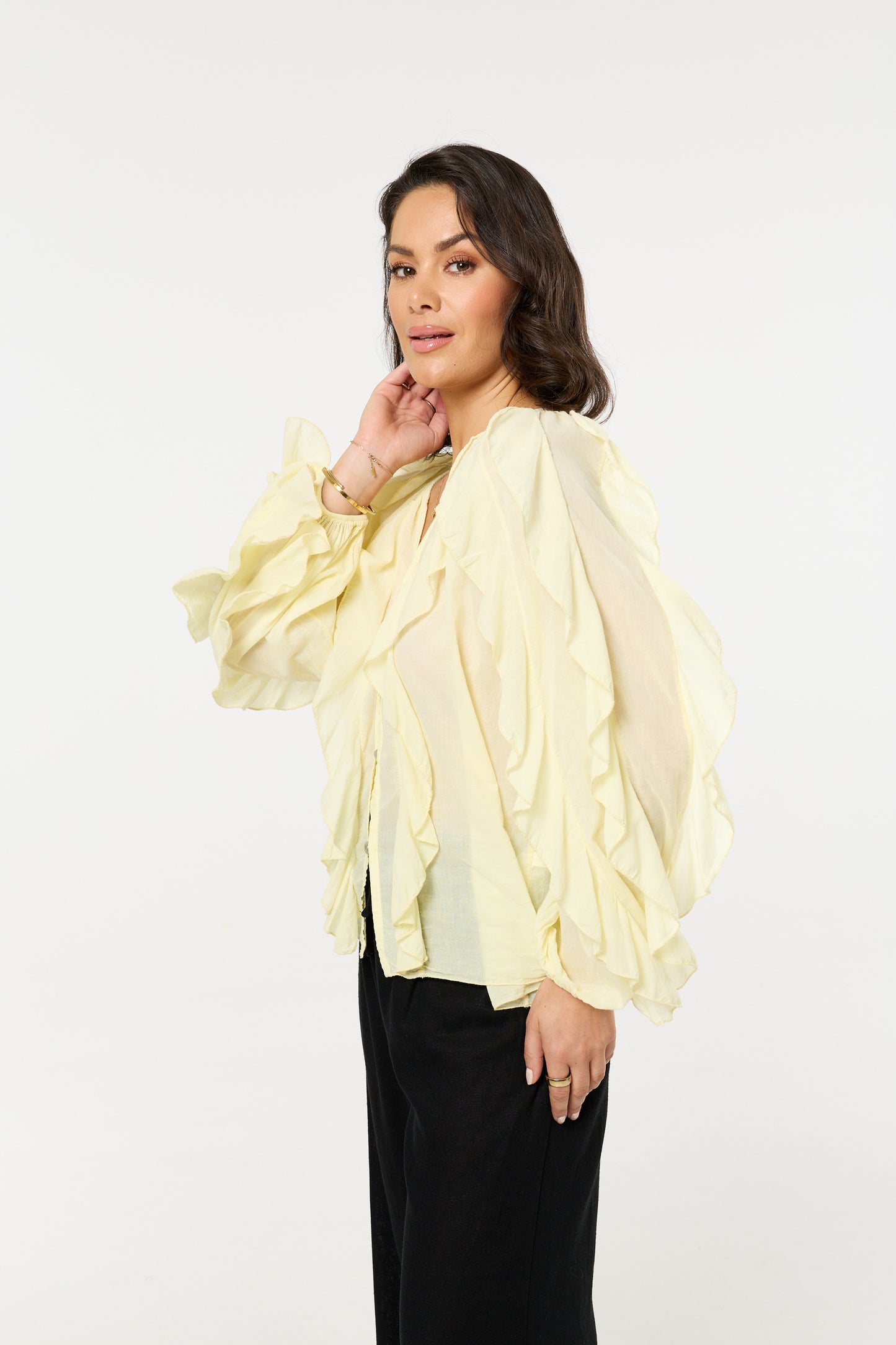 
                  
                    Yellow Ruffle Button Down Cotton Blouse
                  
                