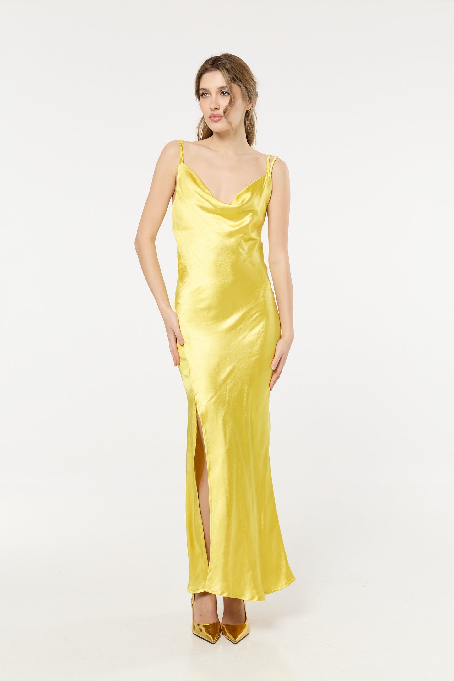 
                  
                    Yellow Satin Slip Cowl Neck Maxi Dress
                  
                