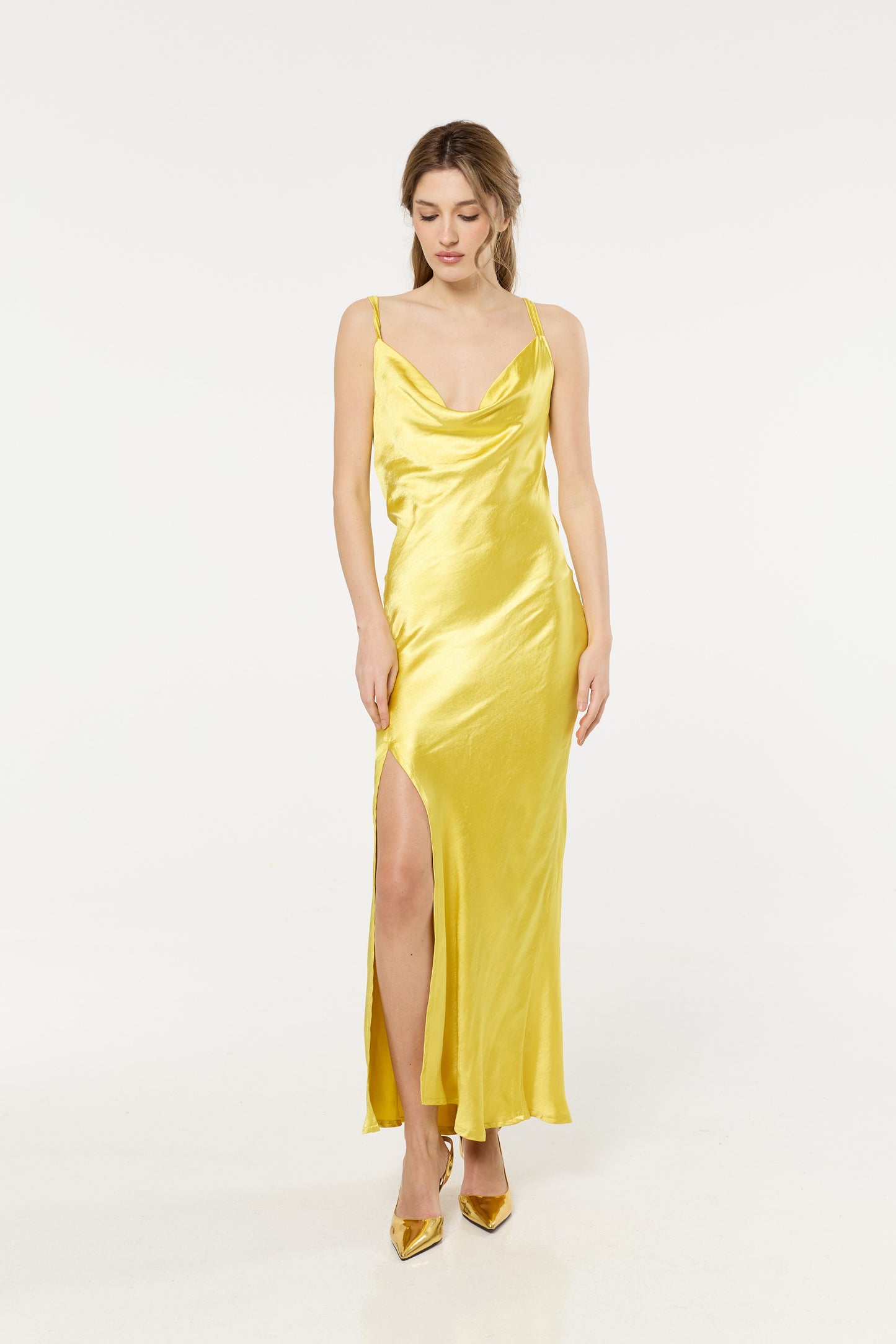 
                  
                    Yellow Satin Slip Cowl Neck Maxi Dress
                  
                