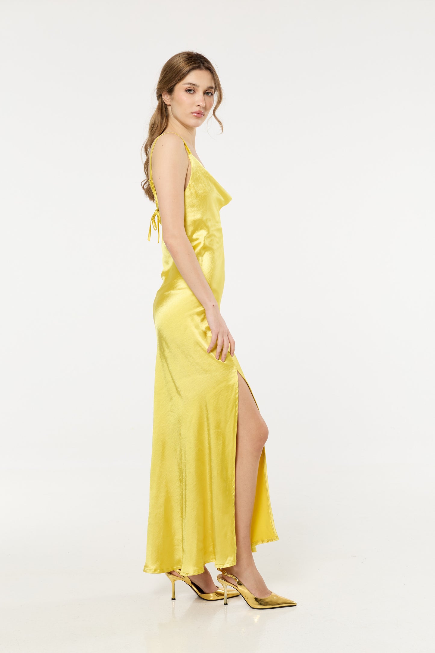 
                  
                    Yellow Satin Slip Cowl Neck Maxi Dress
                  
                