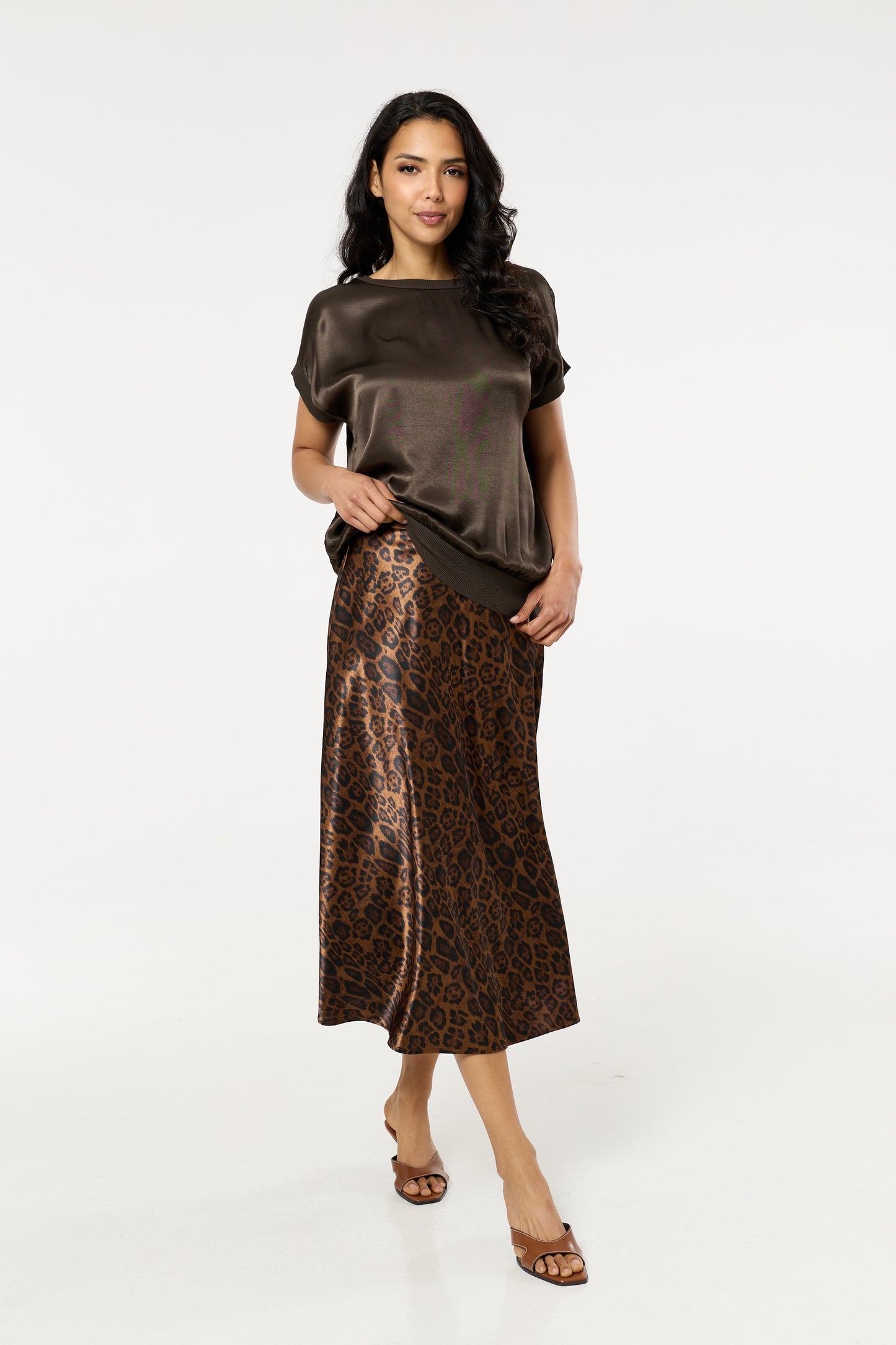 
                  
                    Brown Satin Short Sleeve Blouson Top
                  
                