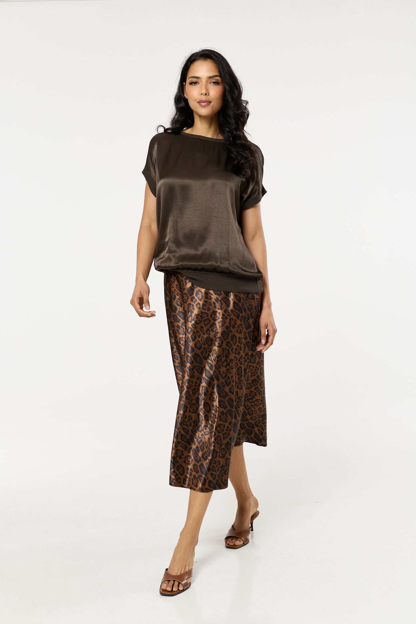 
                  
                    Brown Satin Short Sleeve Blouson Top
                  
                