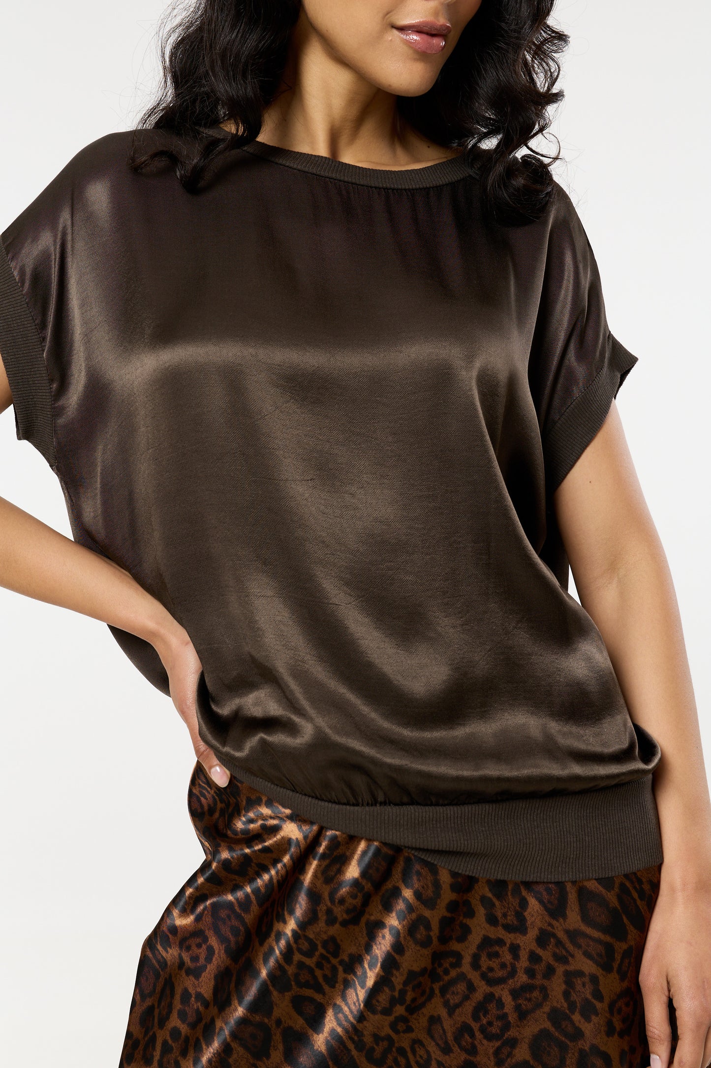 
                  
                    Brown Satin Short Sleeve Blouson Top
                  
                