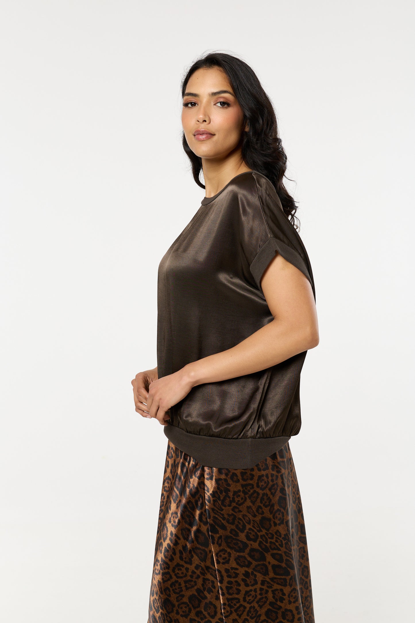 
                  
                    Brown Satin Short Sleeve Blouson Top
                  
                