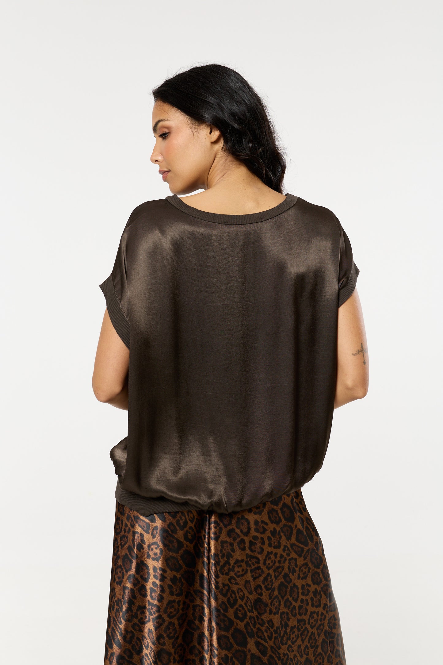 
                  
                    Brown Satin Short Sleeve Blouson Top
                  
                