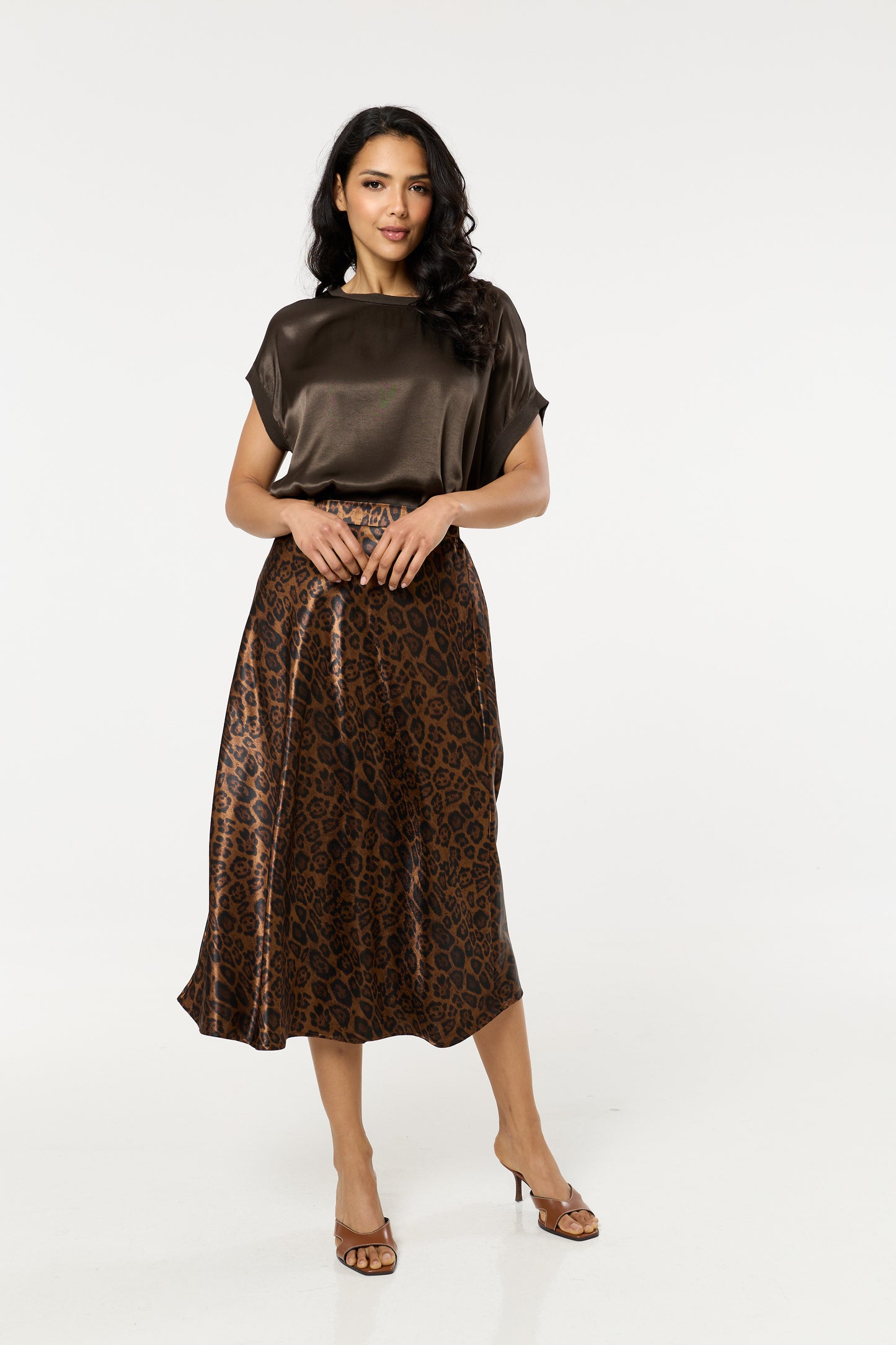 
                  
                    Leopard Print Satin Midi Skirt
                  
                