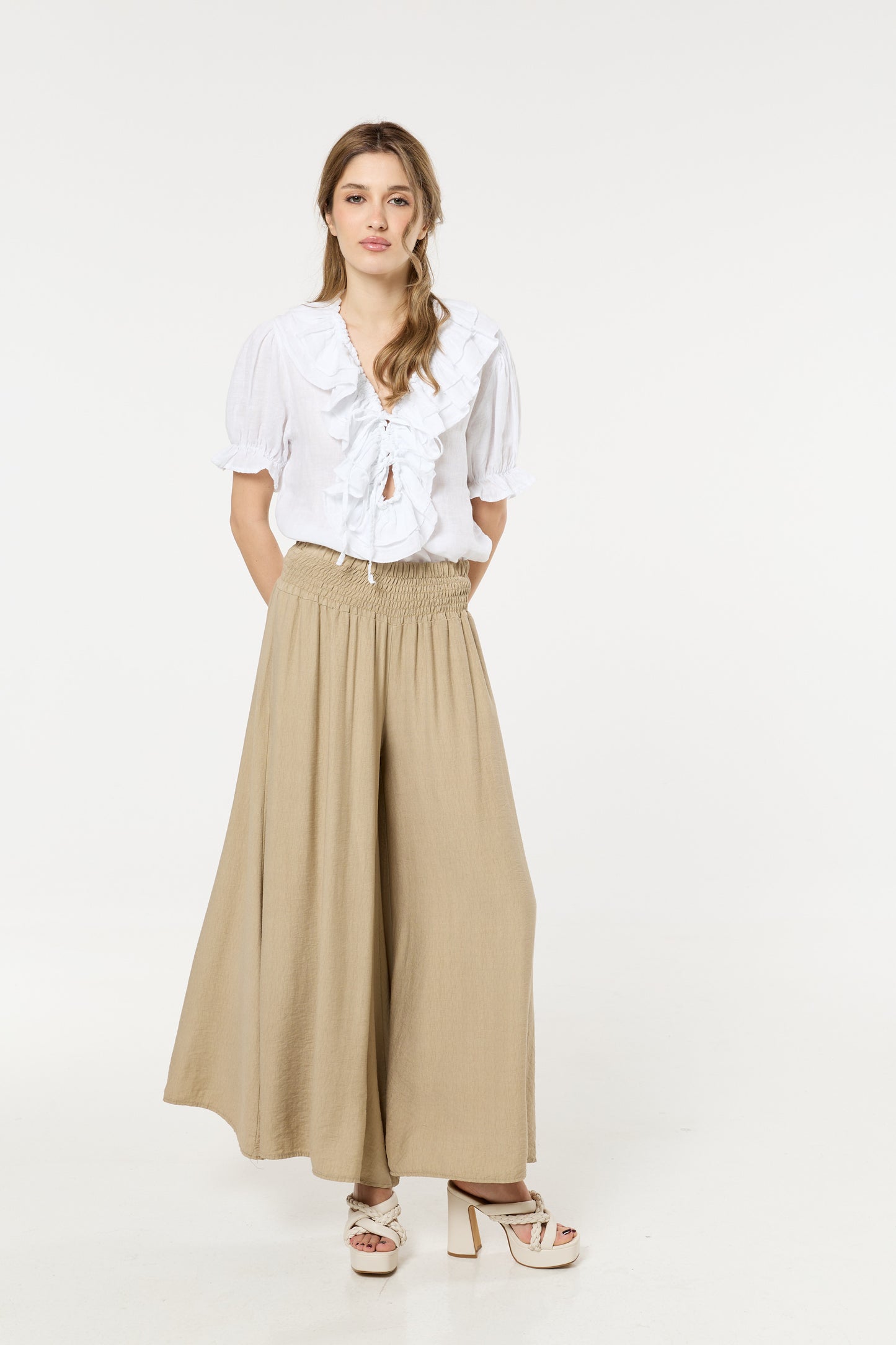 
                  
                    Camel Smocked Wide Leg Trousers
                  
                