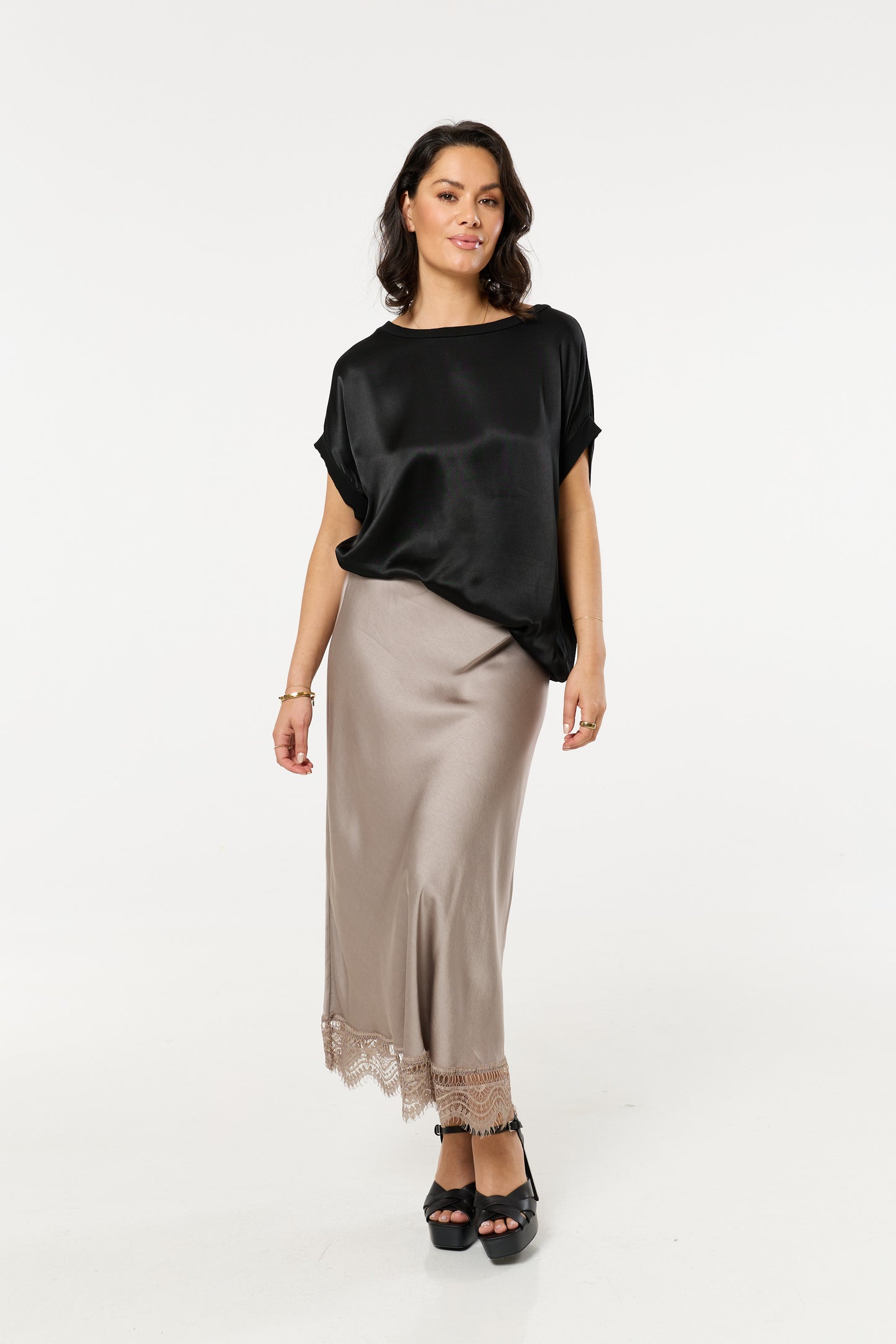 
                  
                    Taupe Lace Trim Satin Maxi Skirt
                  
                