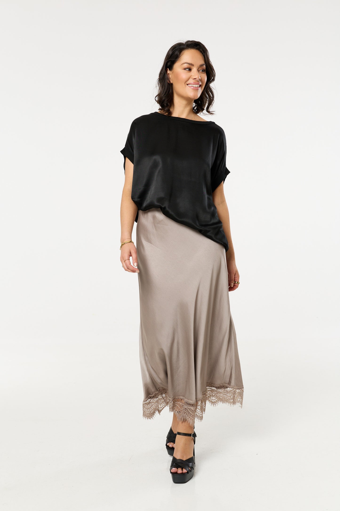 
                  
                    Taupe Lace Trim Satin Maxi Skirt
                  
                
