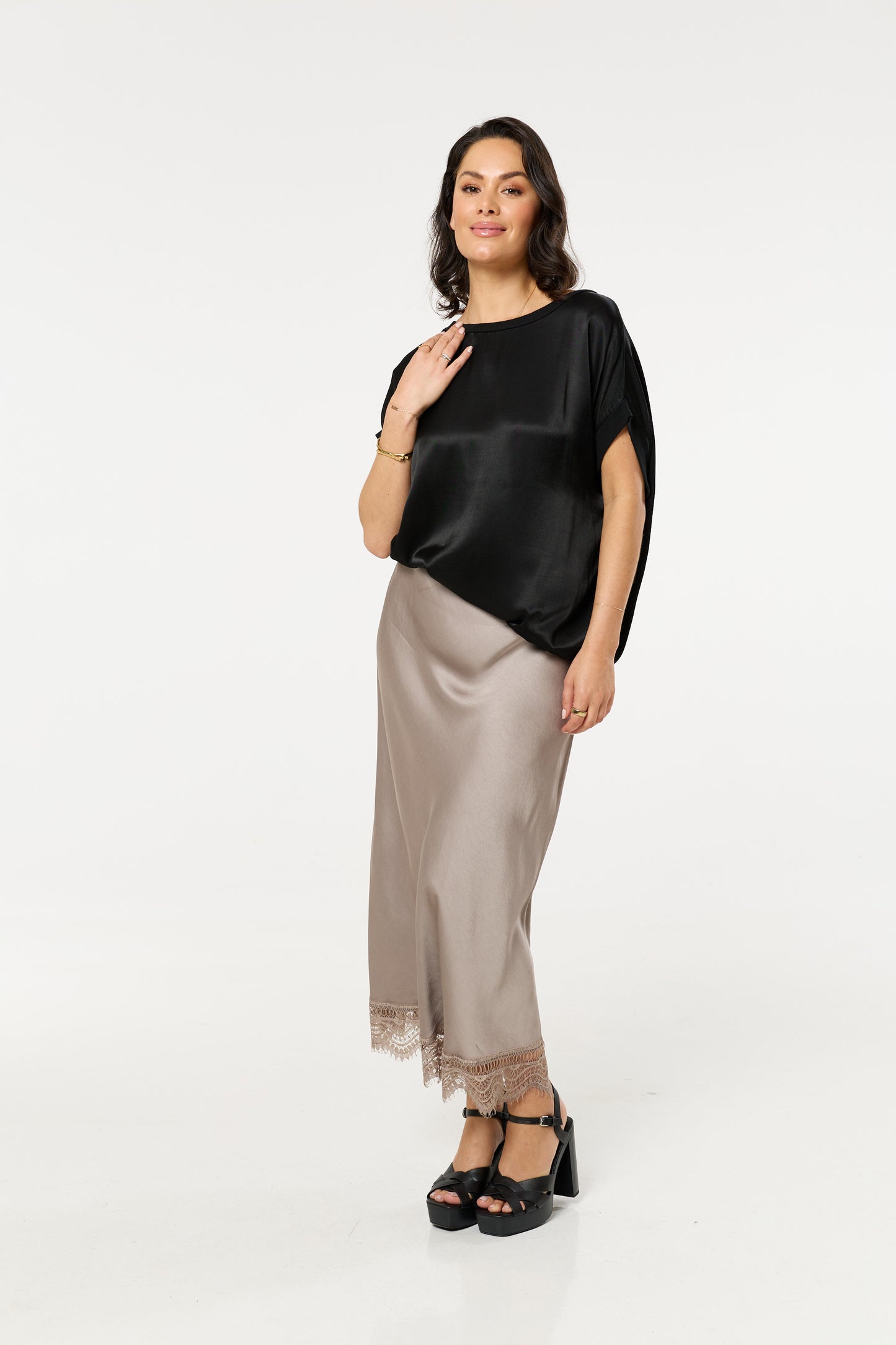 
                  
                    Taupe Lace Trim Satin Maxi Skirt
                  
                