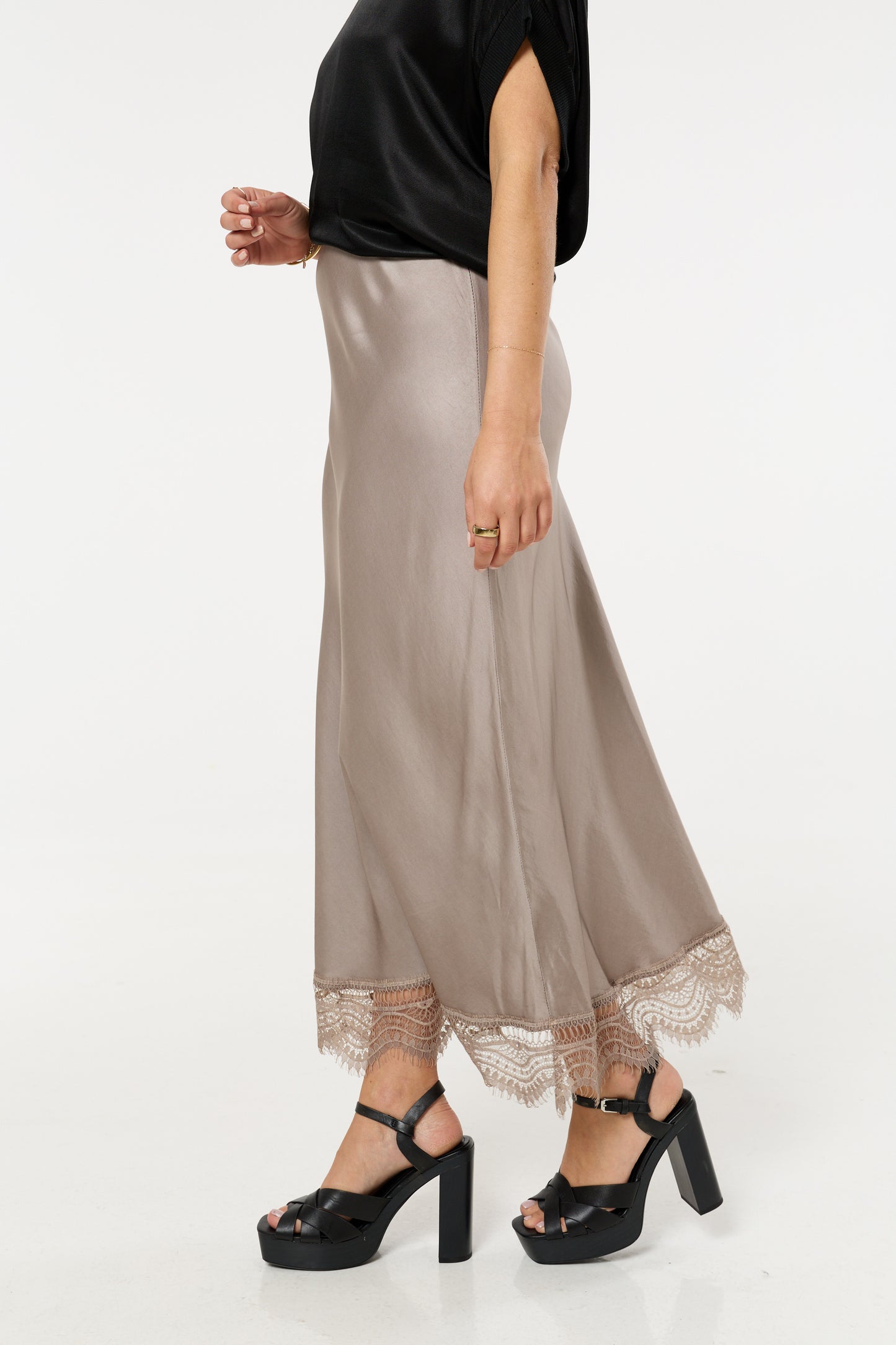 
                  
                    Taupe Lace Trim Satin Maxi Skirt
                  
                