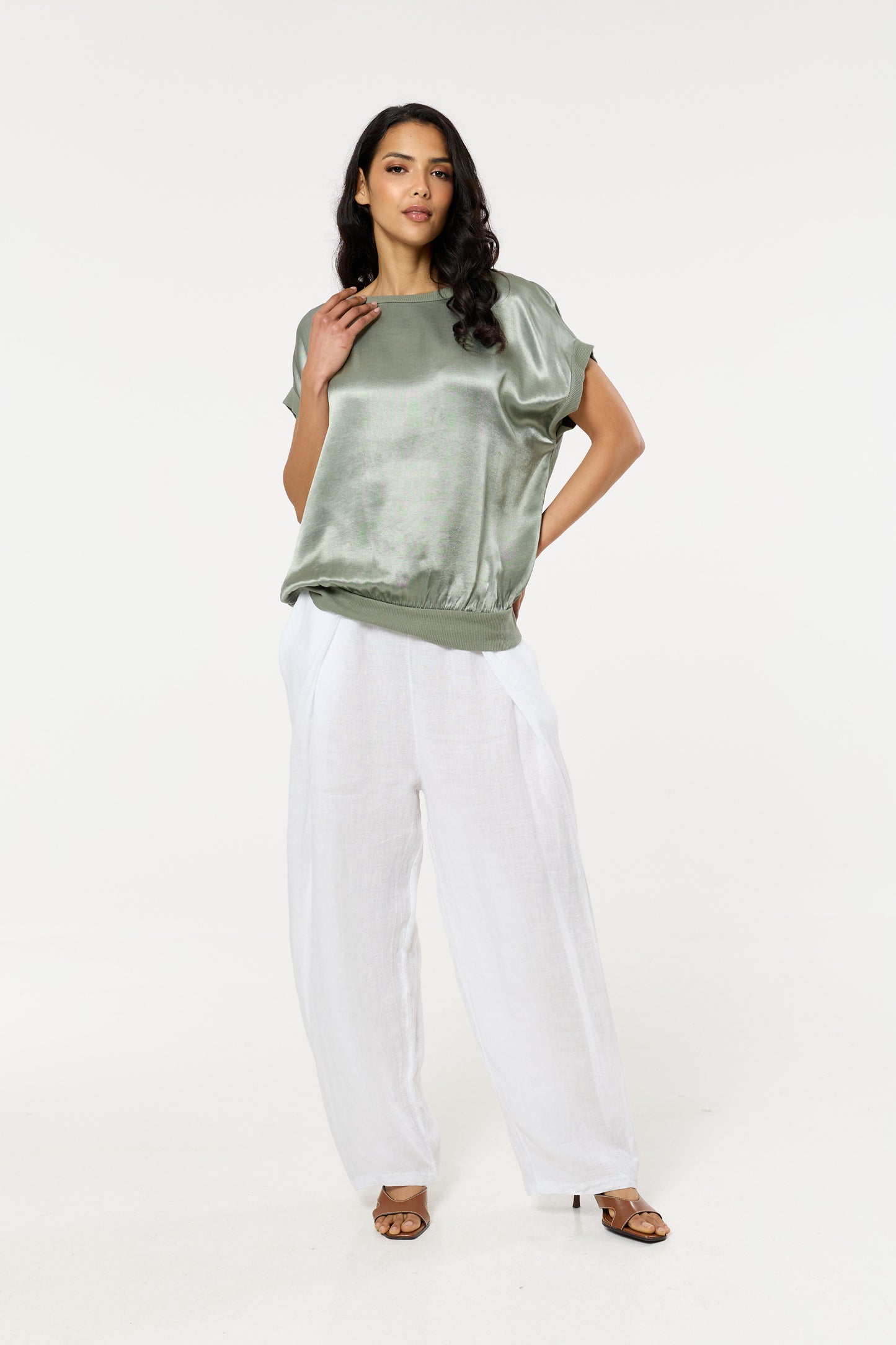 
                  
                    Green Satin Short Sleeve Blouson Top
                  
                