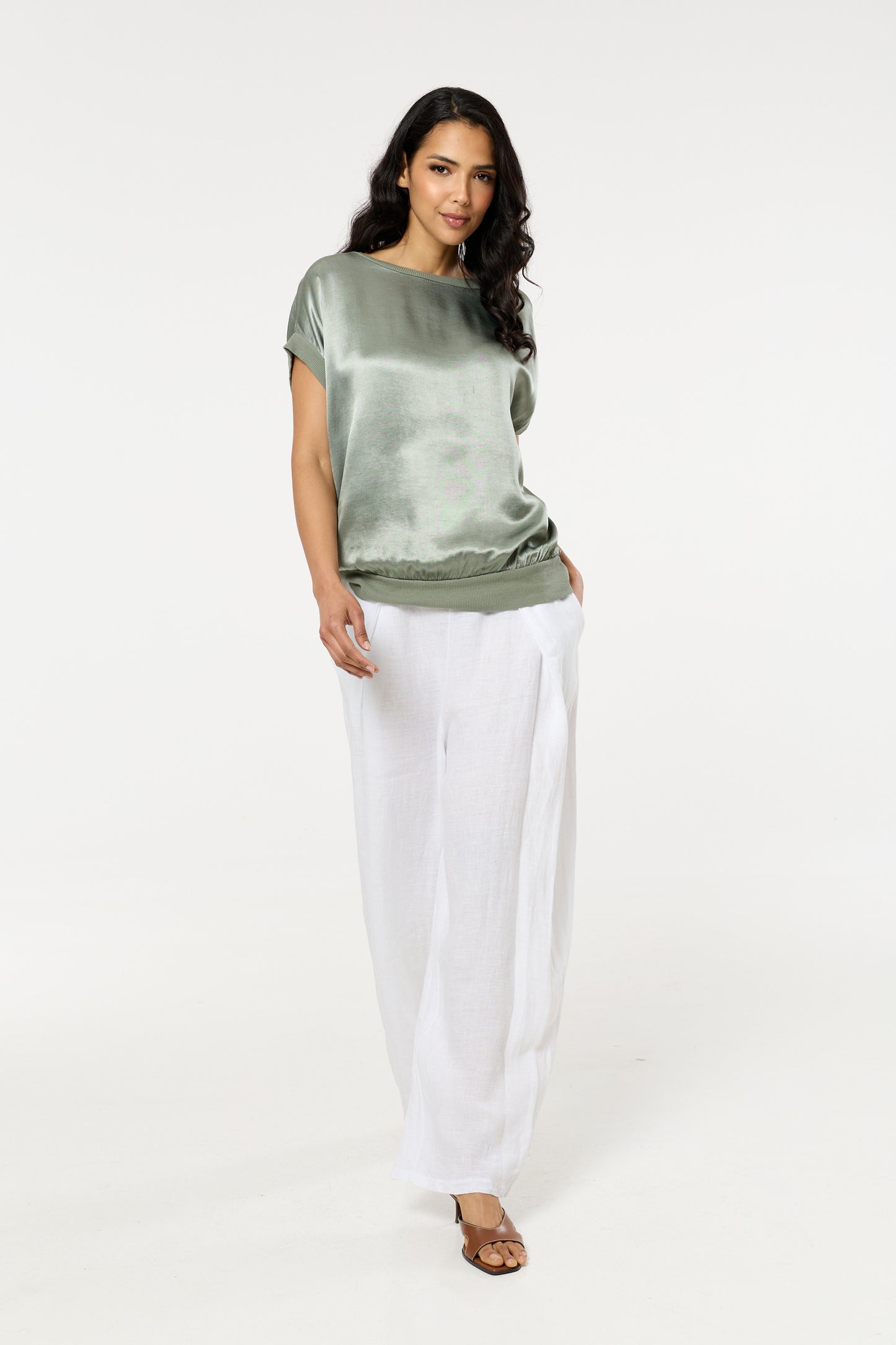 
                  
                    Green Satin Short Sleeve Blouson Top
                  
                